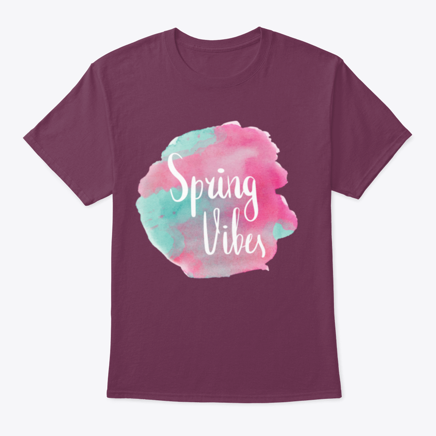 A stylish Spring Vibes T-shirt featuring watercolor pink lettering design, made from 100% cotton, showcasing a classic fit.