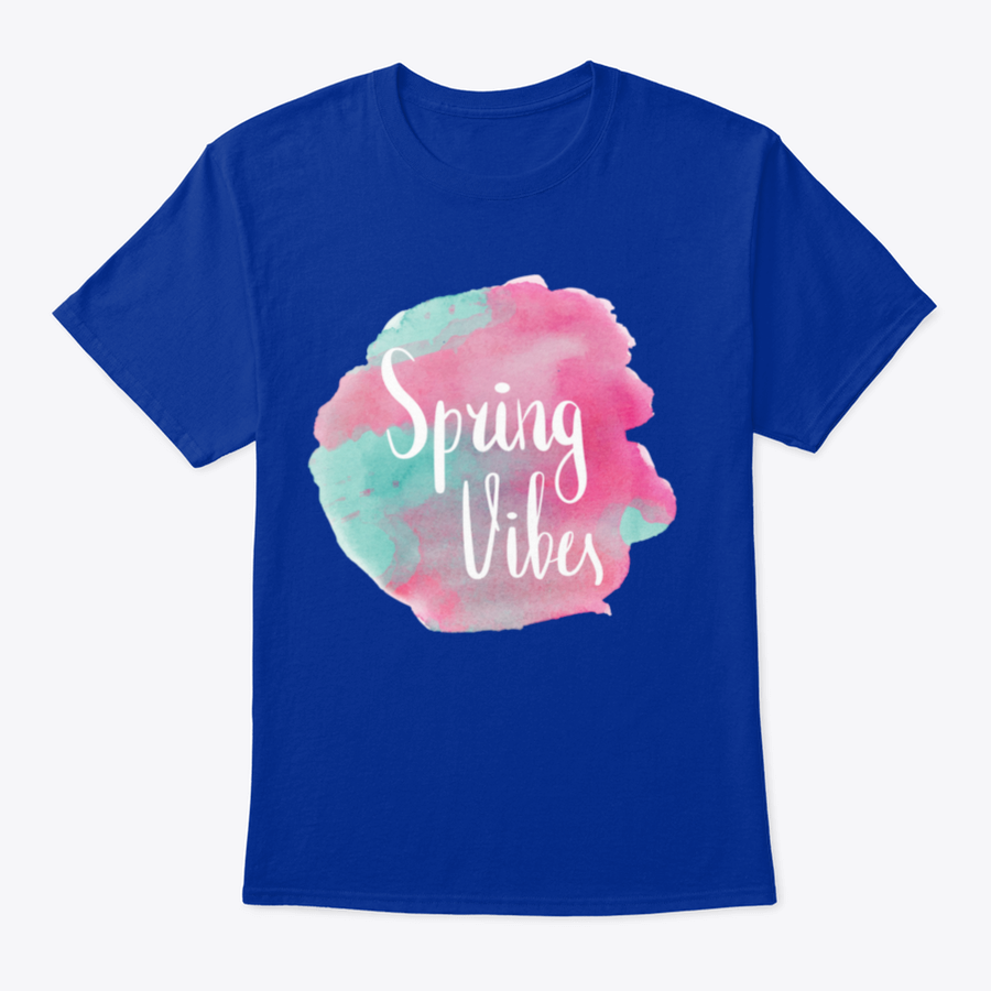 A stylish Spring Vibes T-shirt featuring watercolor pink lettering design, made from 100% cotton, showcasing a classic fit.