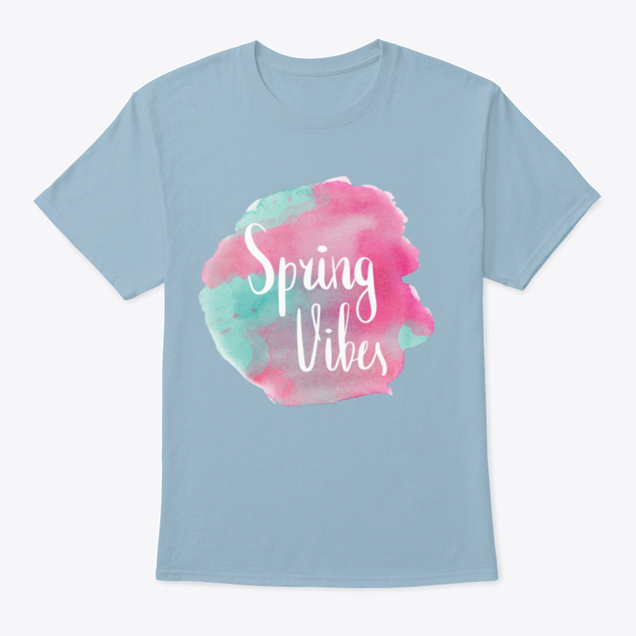 A stylish Spring Vibes T-shirt featuring watercolor pink lettering design, made from 100% cotton, showcasing a classic fit.