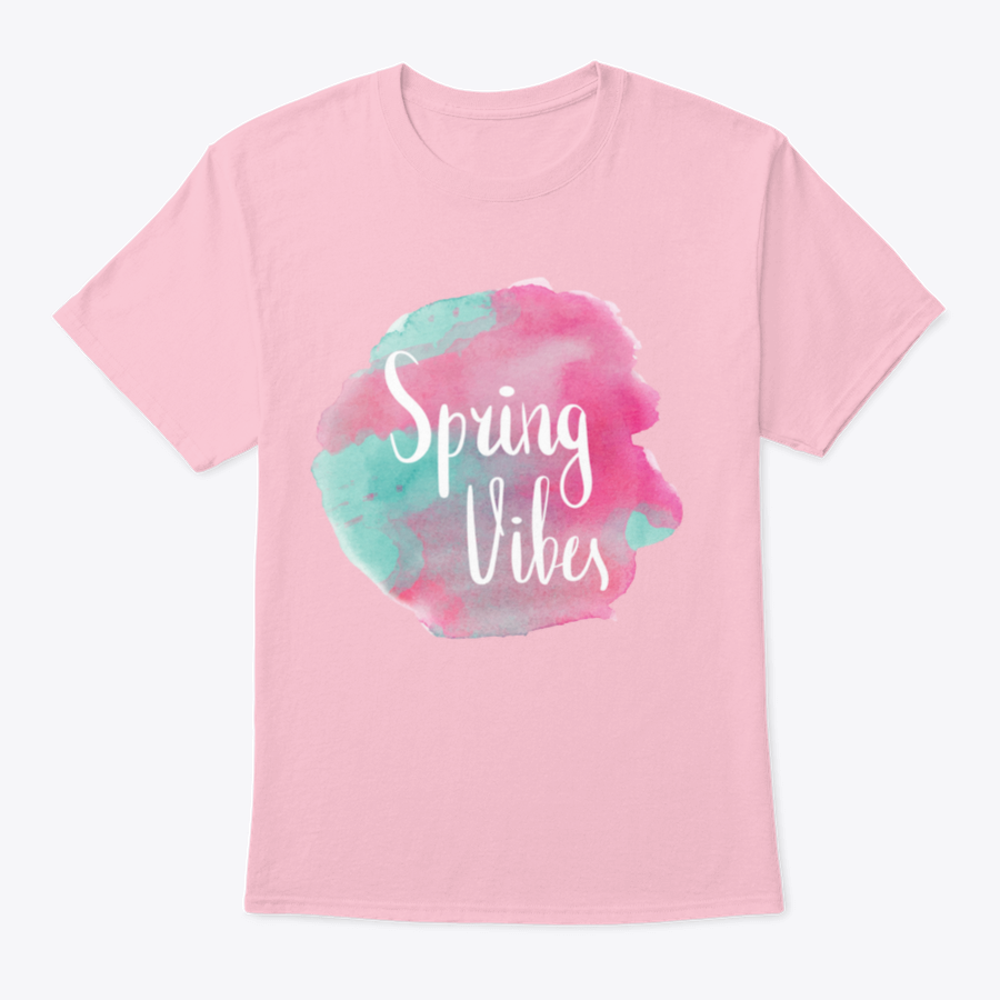 A stylish Spring Vibes T-shirt featuring watercolor pink lettering design, made from 100% cotton, showcasing a classic fit.