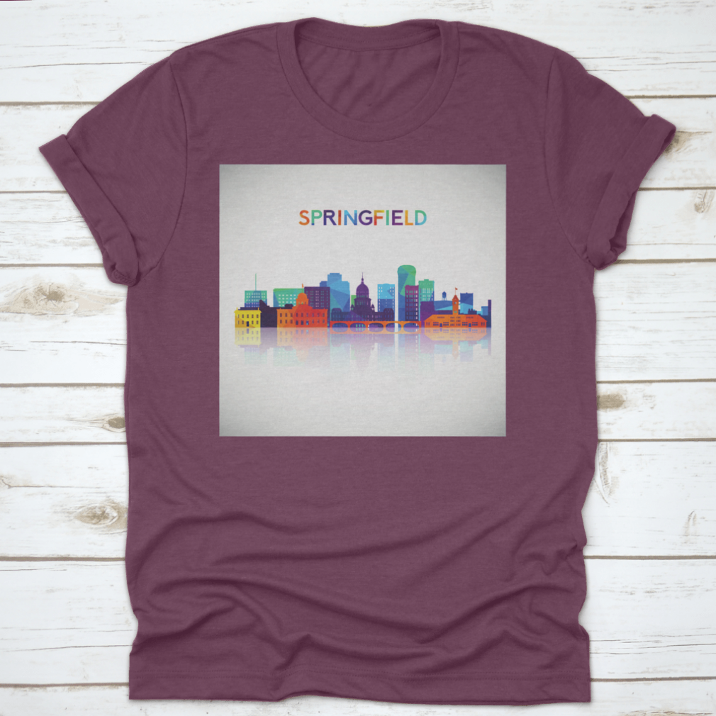 Colorful geometric silhouette of Springfield skyline on a cotton shirt, showcasing vibrant colors and modern design.