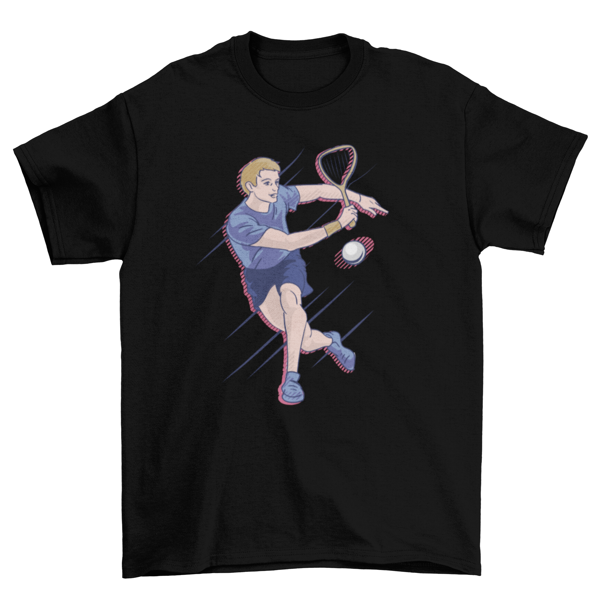 A vibrant t-shirt design featuring a man energetically playing squash, showcasing the sport's dynamic action.