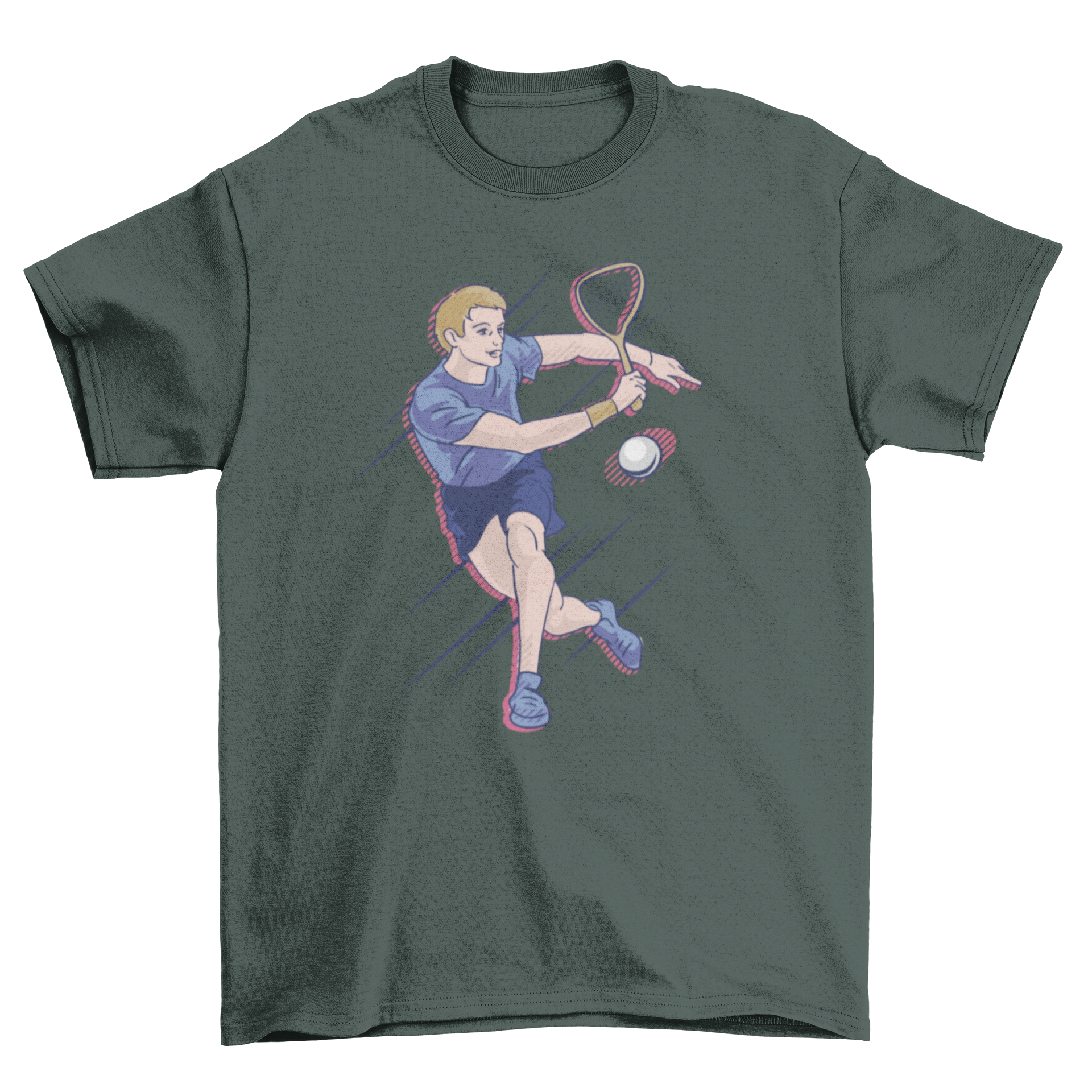 A vibrant t-shirt design featuring a man energetically playing squash, showcasing the sport's dynamic action.