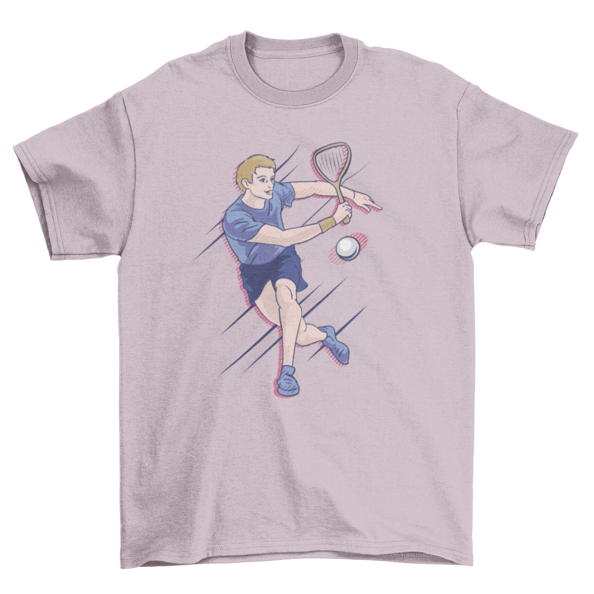 A vibrant t-shirt design featuring a man energetically playing squash, showcasing the sport's dynamic action.