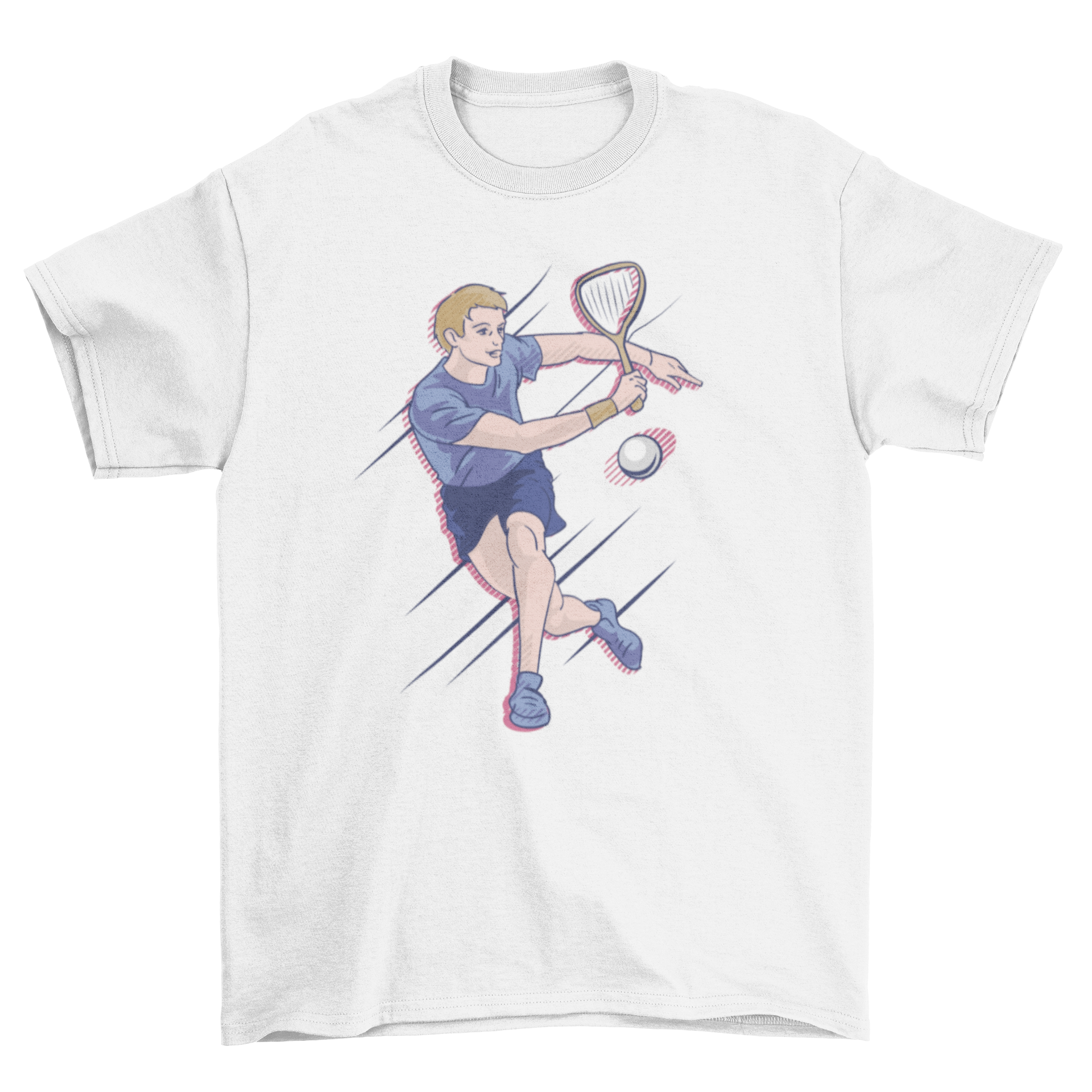 A vibrant t-shirt design featuring a man energetically playing squash, showcasing the sport's dynamic action.