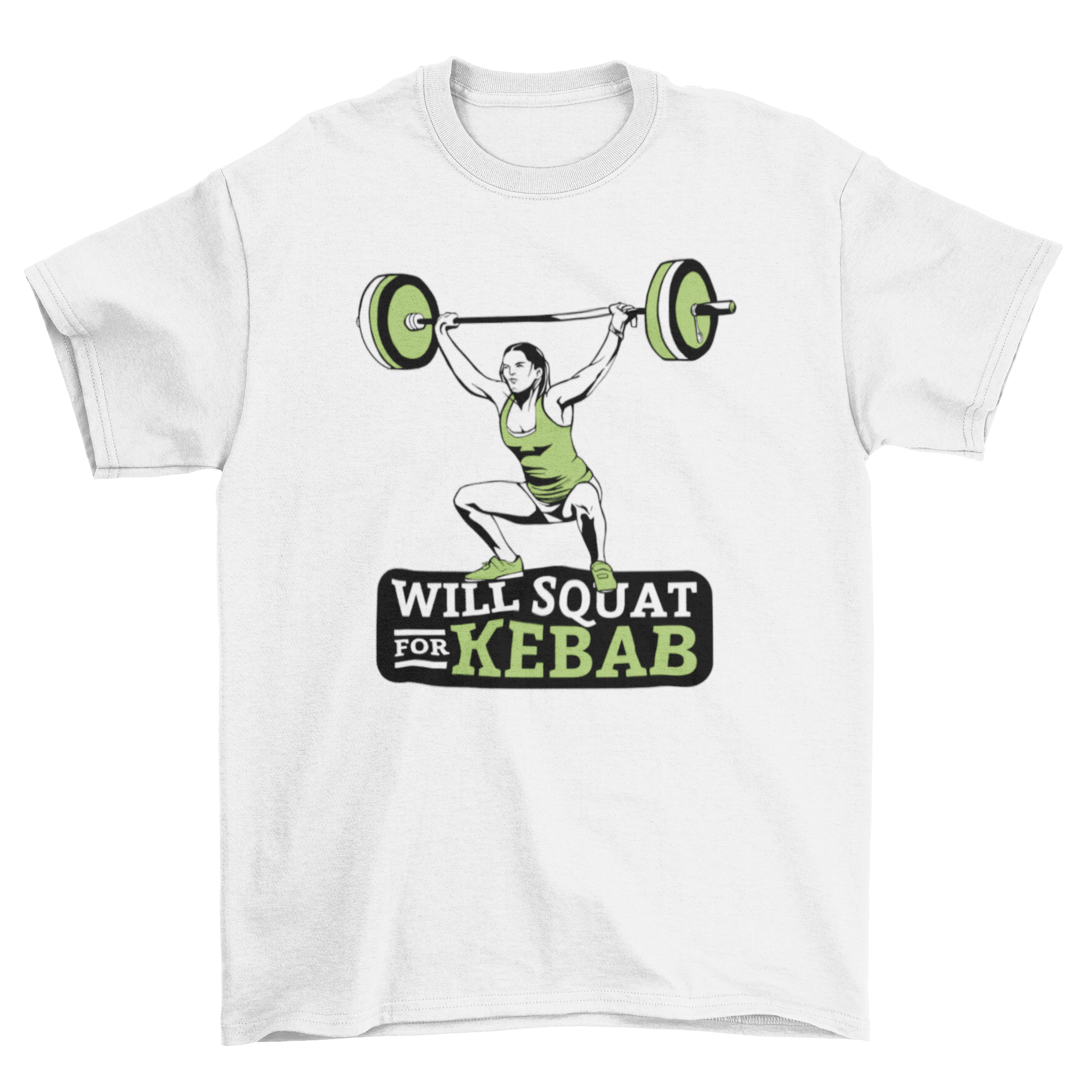 A stylish t-shirt featuring a woman weightlifting with the quote 'Will Squat for Kebab' in a fun design.