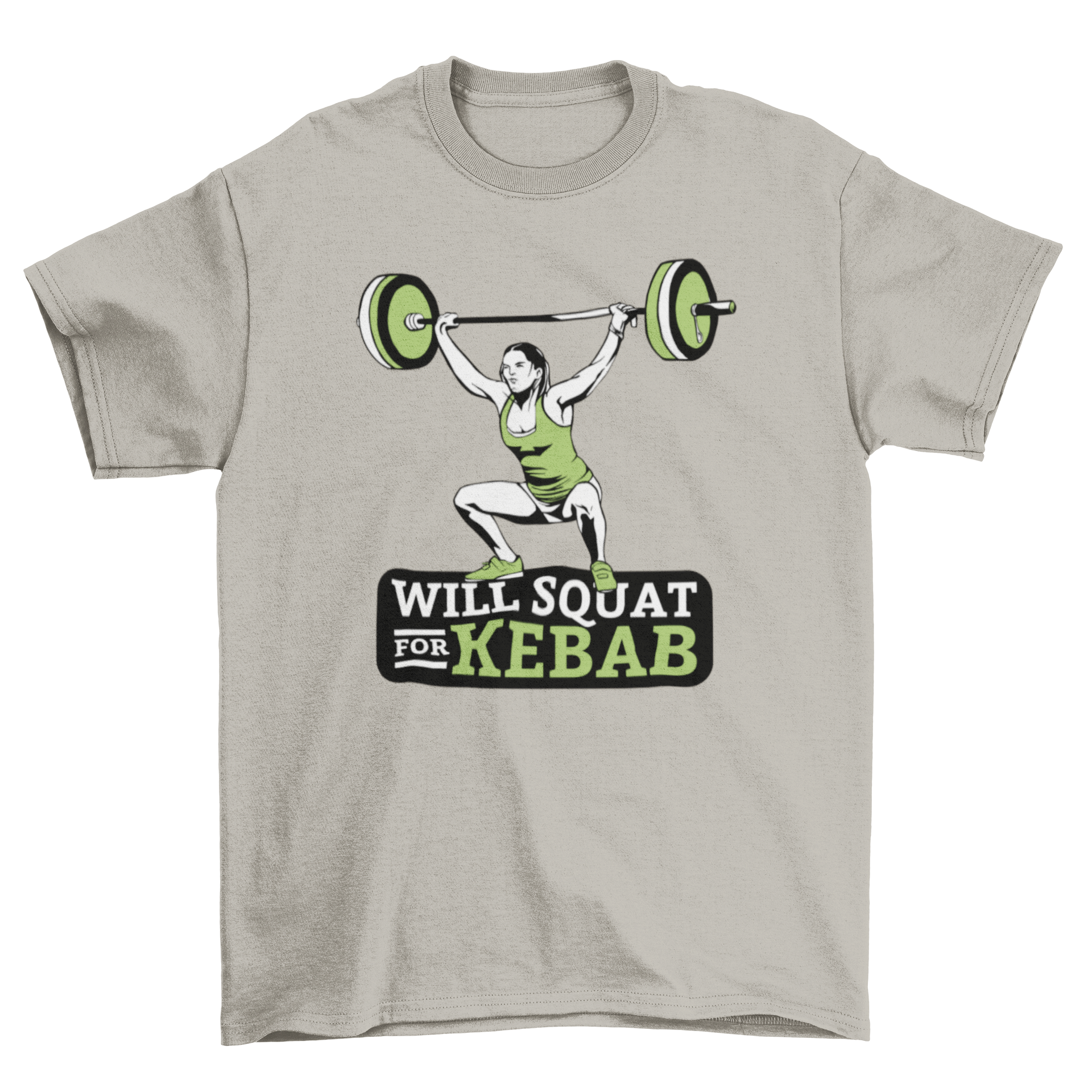 A stylish t-shirt featuring a woman weightlifting with the quote 'Will Squat for Kebab' in a fun design.