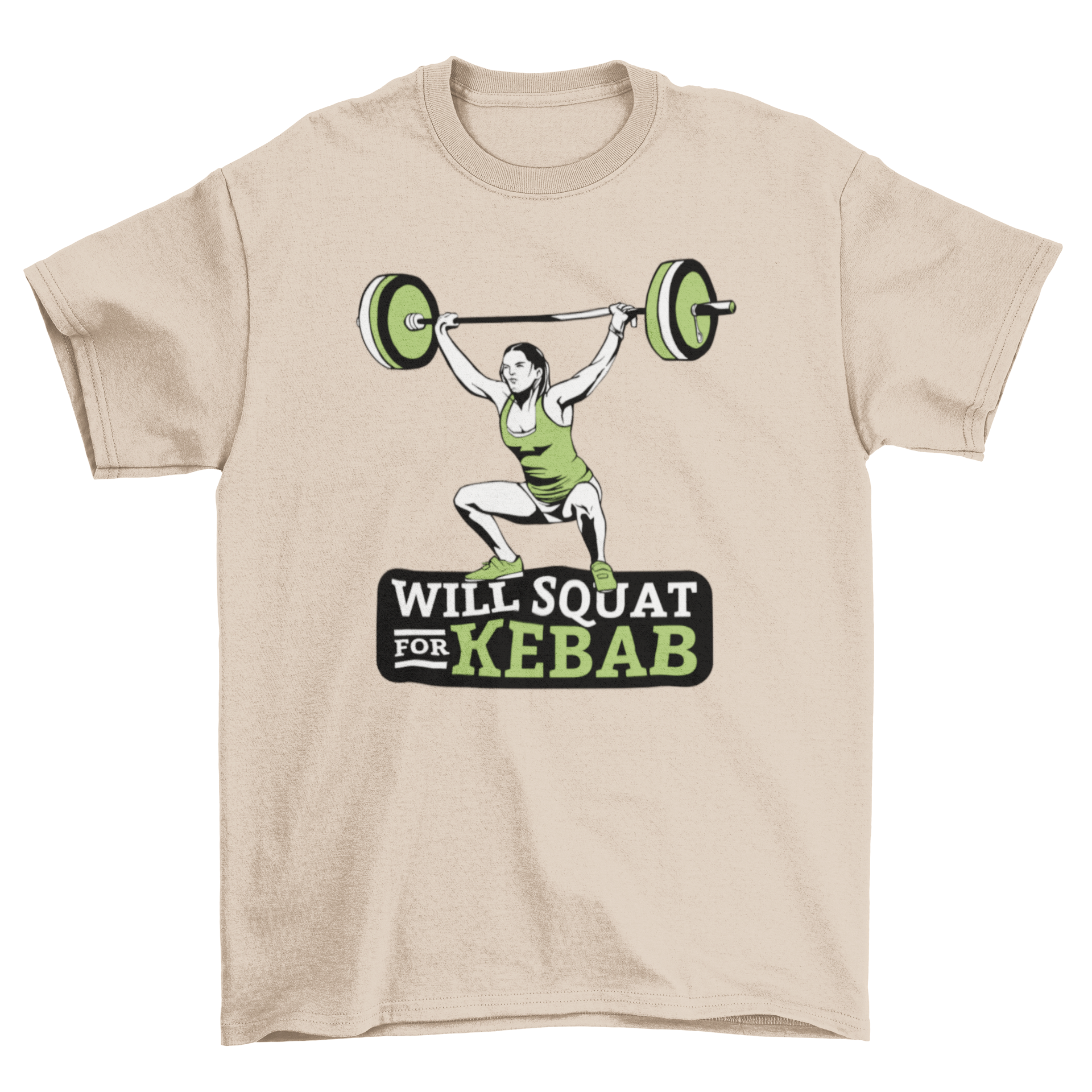 A stylish t-shirt featuring a woman weightlifting with the quote 'Will Squat for Kebab' in a fun design.