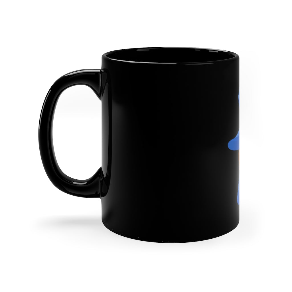 A stylish 11oz black ceramic mug with a C-handle, perfect for coffee, tea, or hot chocolate, showcasing customizable design options.