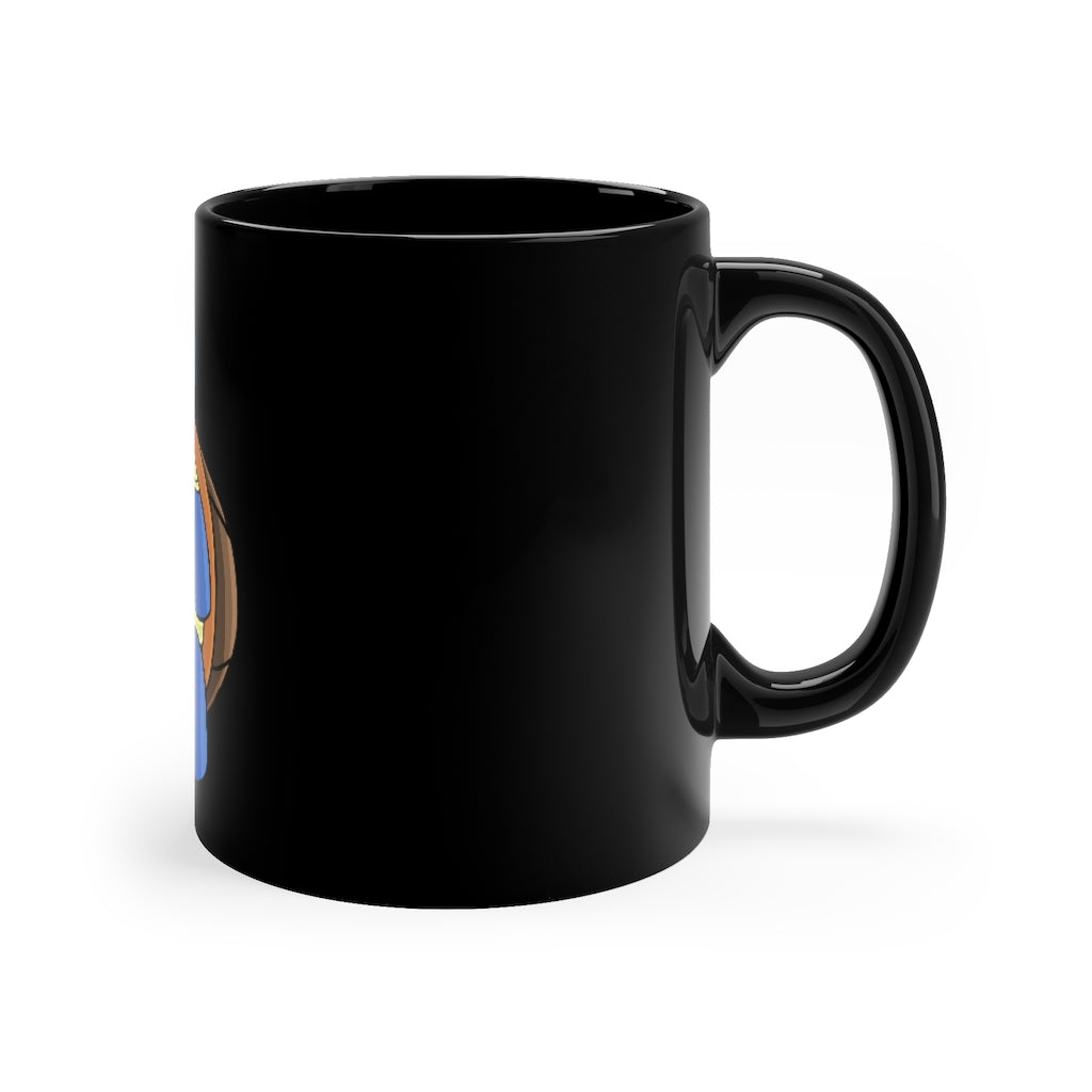 A stylish 11oz black ceramic mug with a C-handle, perfect for coffee, tea, or hot chocolate, showcasing customizable design options.