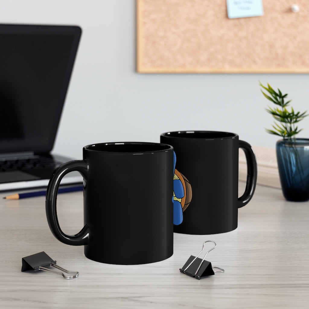 A stylish 11oz black ceramic mug with a C-handle, perfect for coffee, tea, or hot chocolate, showcasing customizable design options.