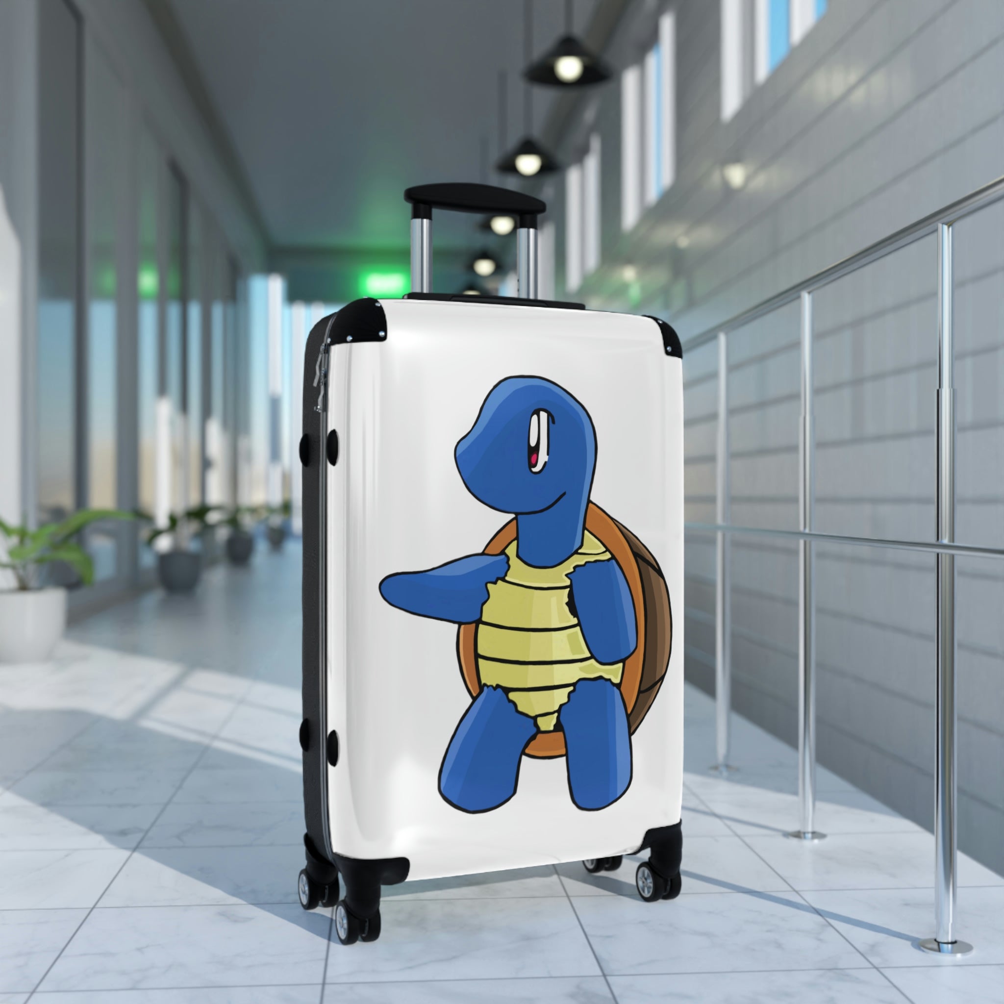 Squata Cabin Suitcase featuring a personalized design, lightweight polycarbonate front, and ABS back, with adjustable handle and 360° swivel wheels.