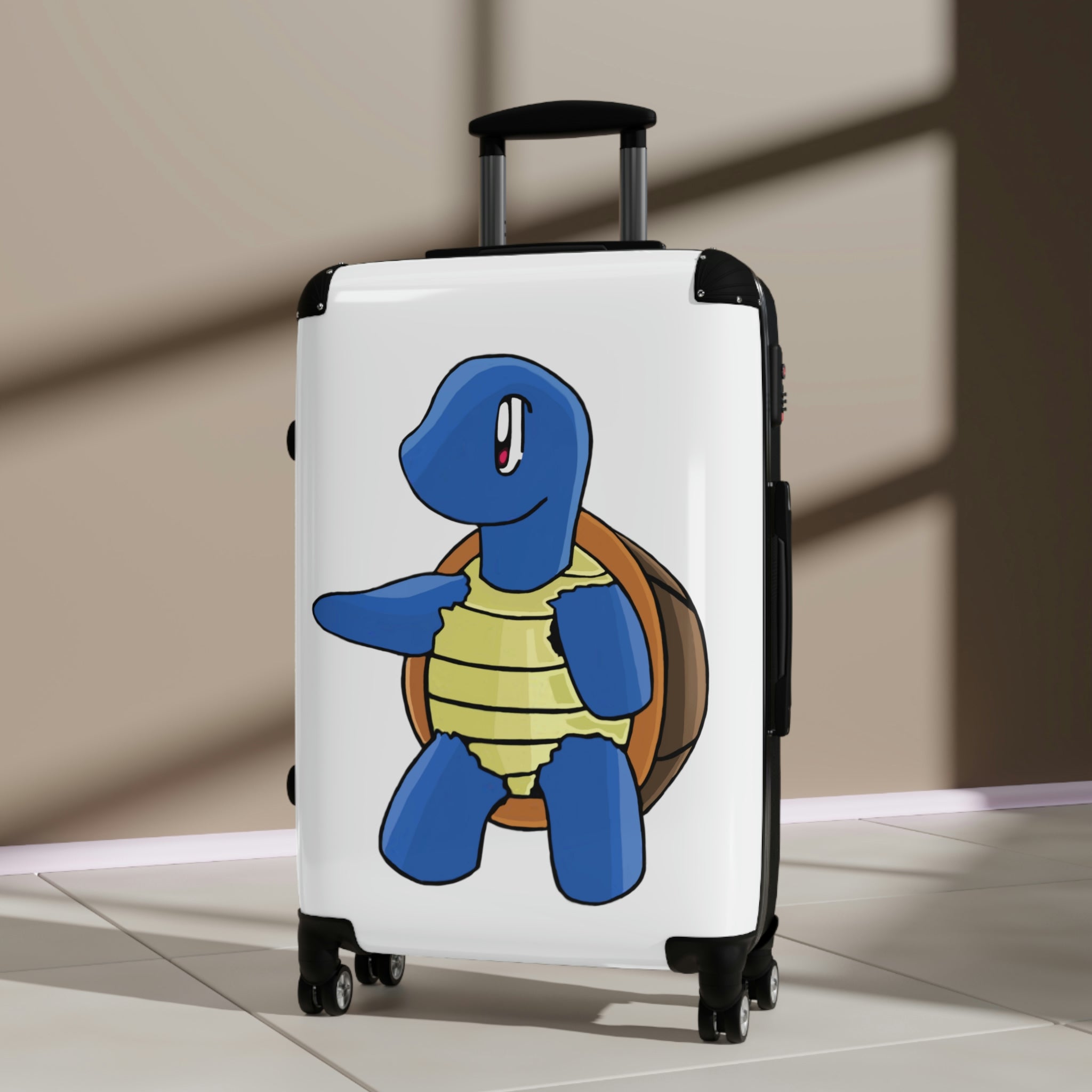 Squata Cabin Suitcase featuring a personalized design, lightweight polycarbonate front, and ABS back, with adjustable handle and 360° swivel wheels.