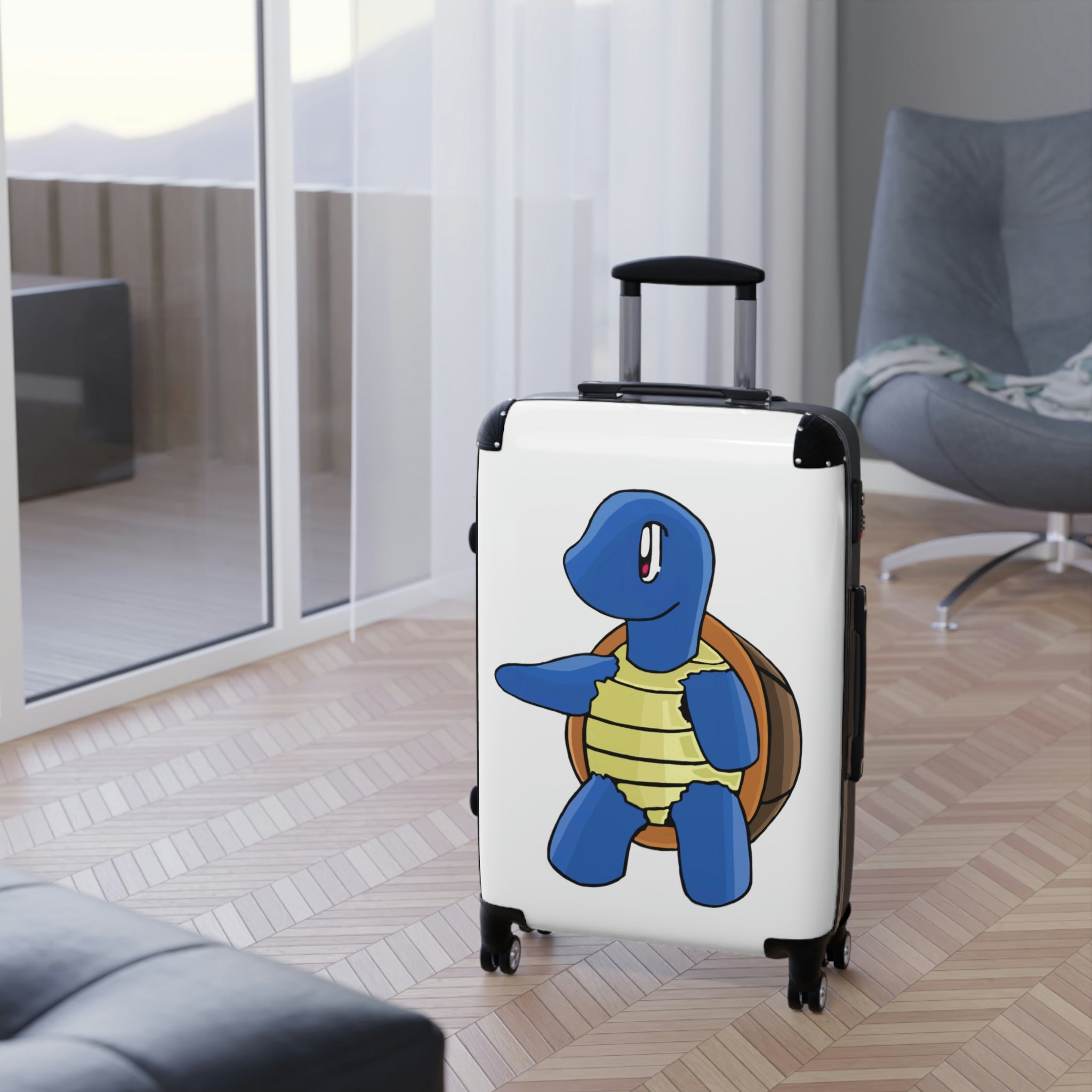 Squata Cabin Suitcase featuring a personalized design, lightweight polycarbonate front, and ABS back, with adjustable handle and 360° swivel wheels.