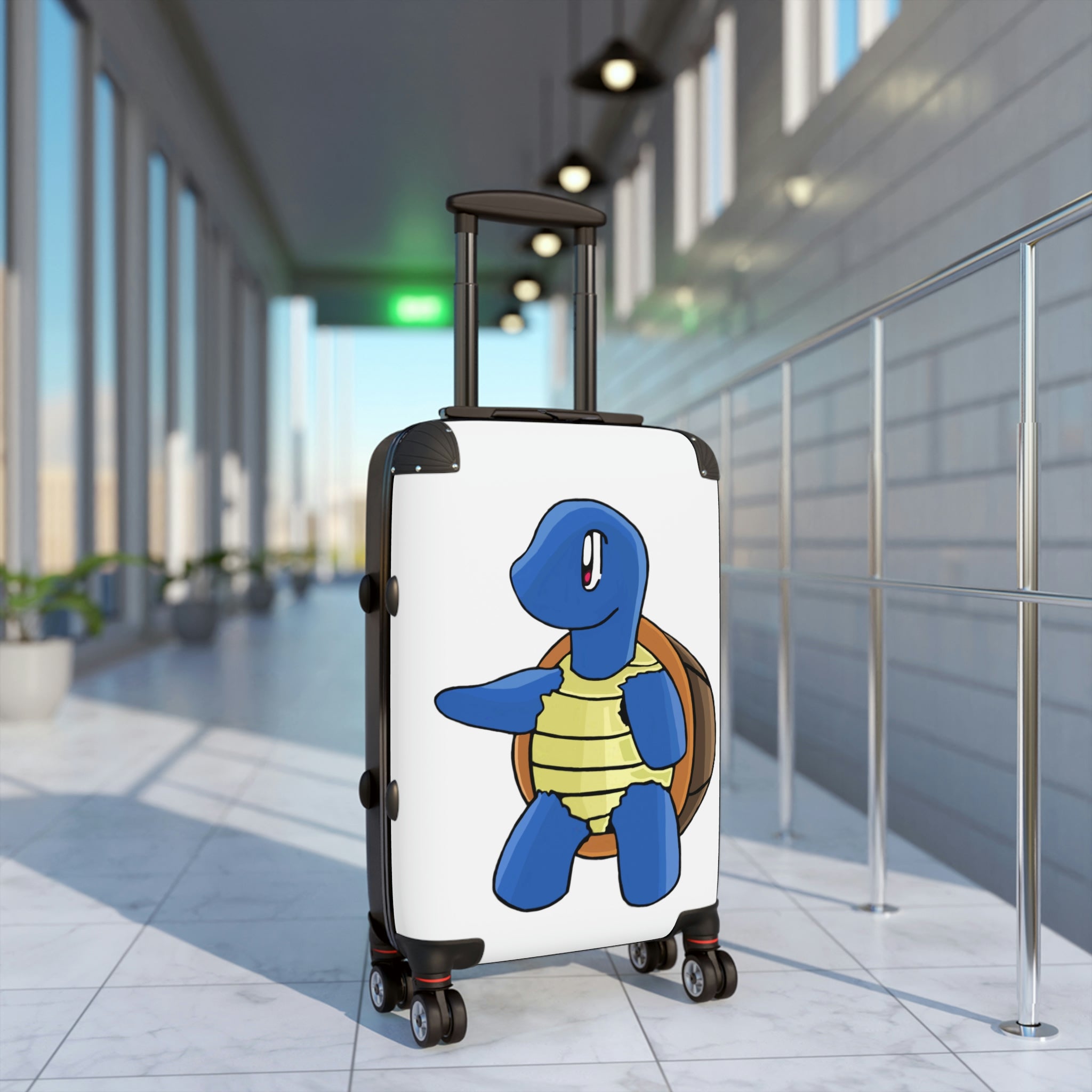 Squata Cabin Suitcase featuring a personalized design, lightweight polycarbonate front, and ABS back, with adjustable handle and 360° swivel wheels.