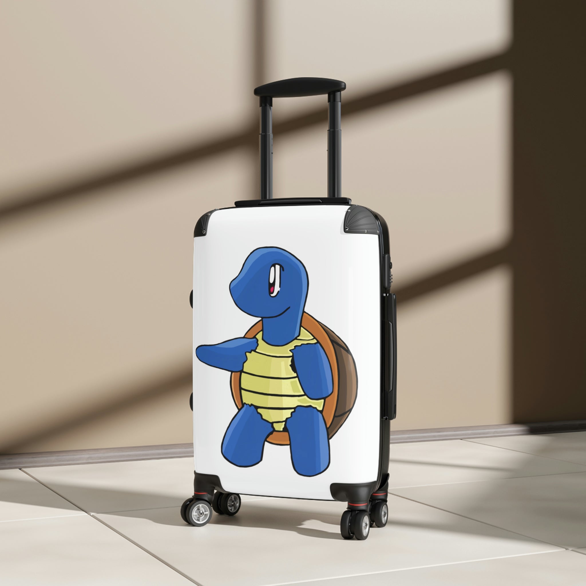 Squata Cabin Suitcase featuring a personalized design, lightweight polycarbonate front, and ABS back, with adjustable handle and 360° swivel wheels.