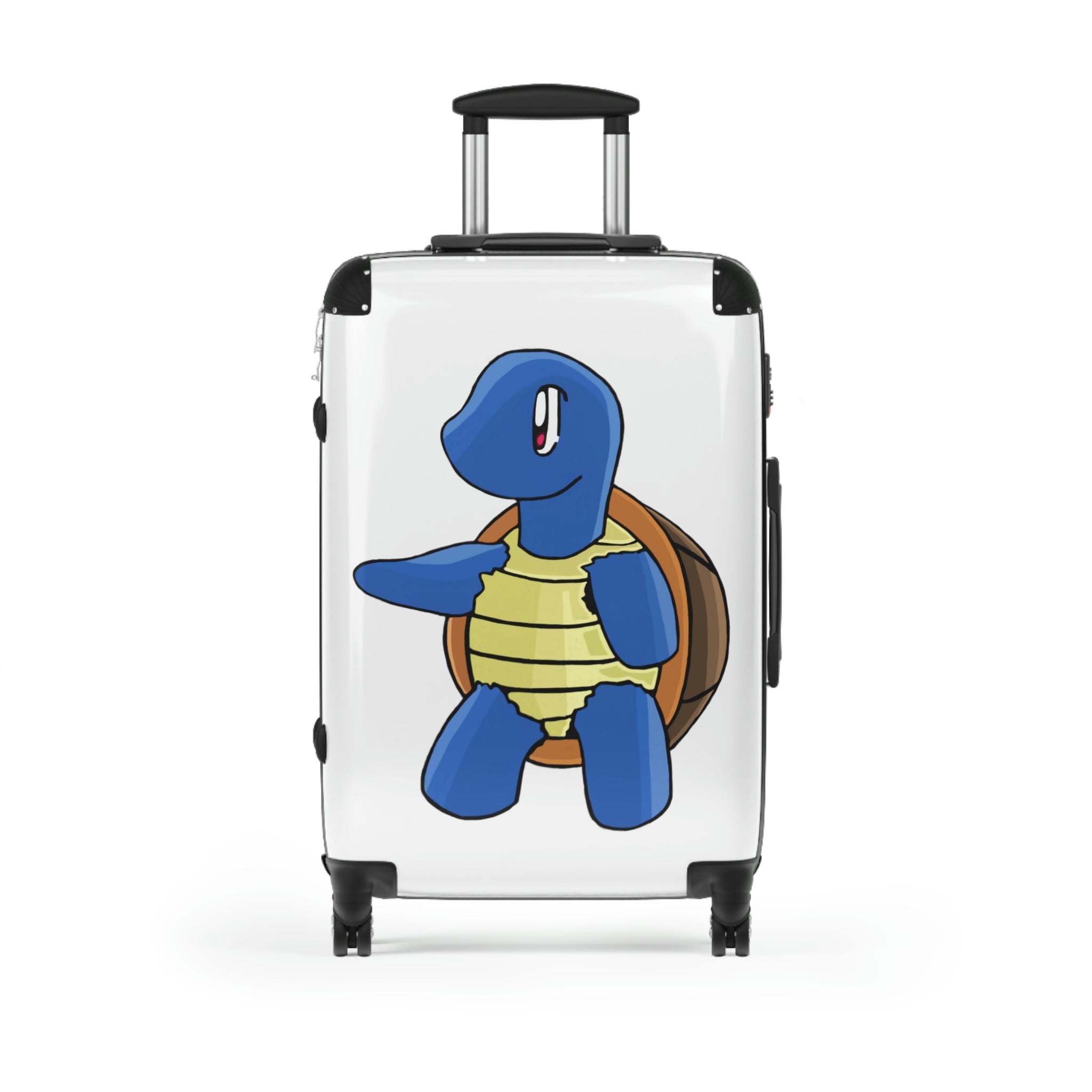 Squata Cabin Suitcase featuring a personalized design, lightweight polycarbonate front, and ABS back, with adjustable handle and 360° swivel wheels.