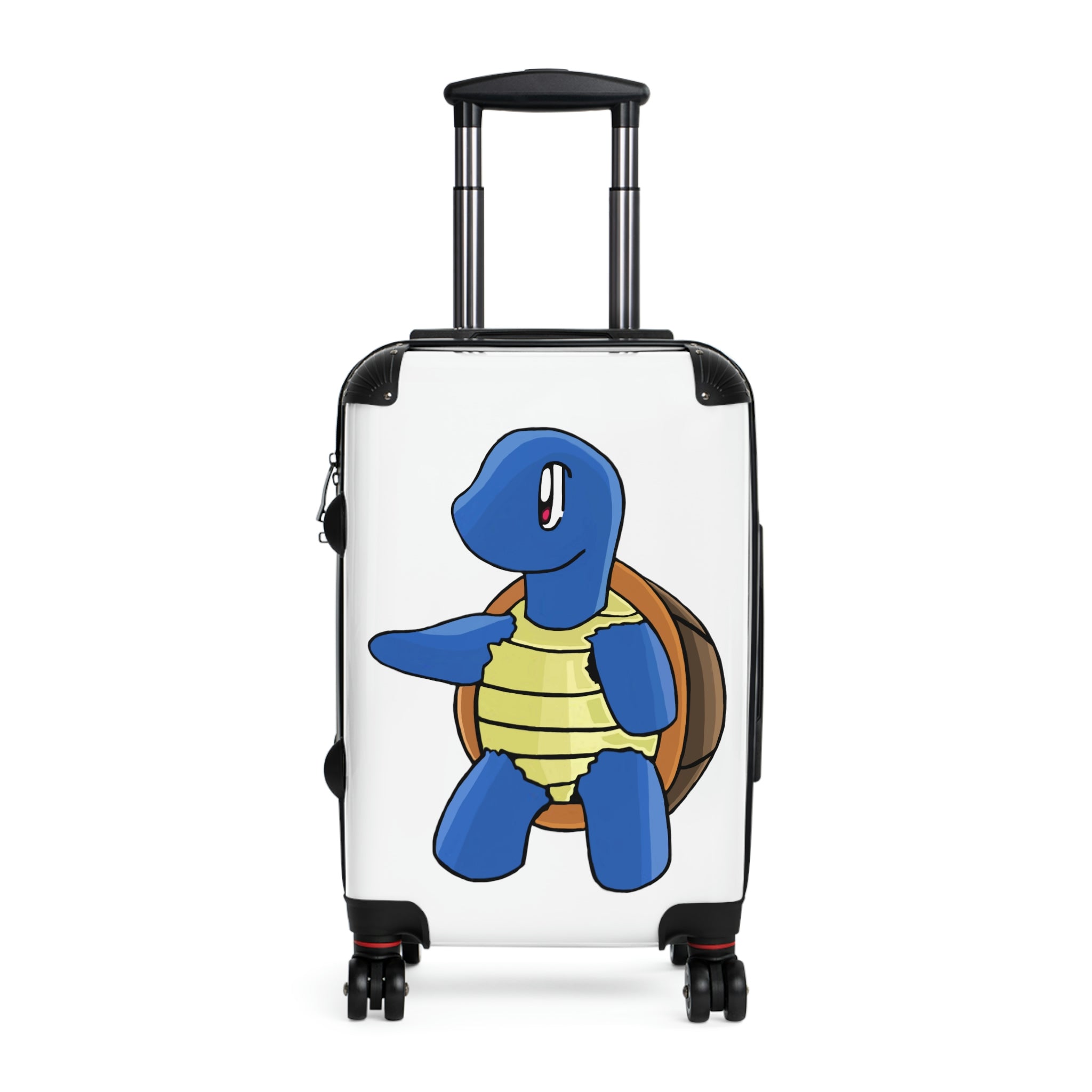 Squata Cabin Suitcase featuring a personalized design, lightweight polycarbonate front, and ABS back, with adjustable handle and 360° swivel wheels.