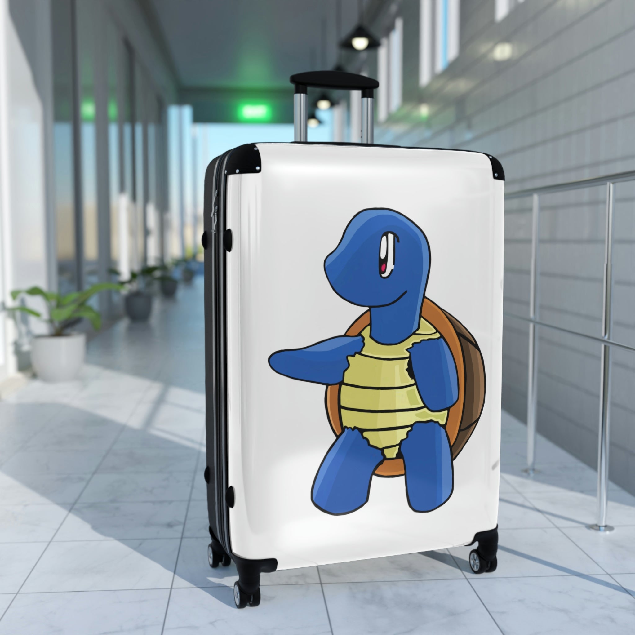 Squata Cabin Suitcase featuring a personalized design, lightweight polycarbonate front, and ABS back, with adjustable handle and 360° swivel wheels.