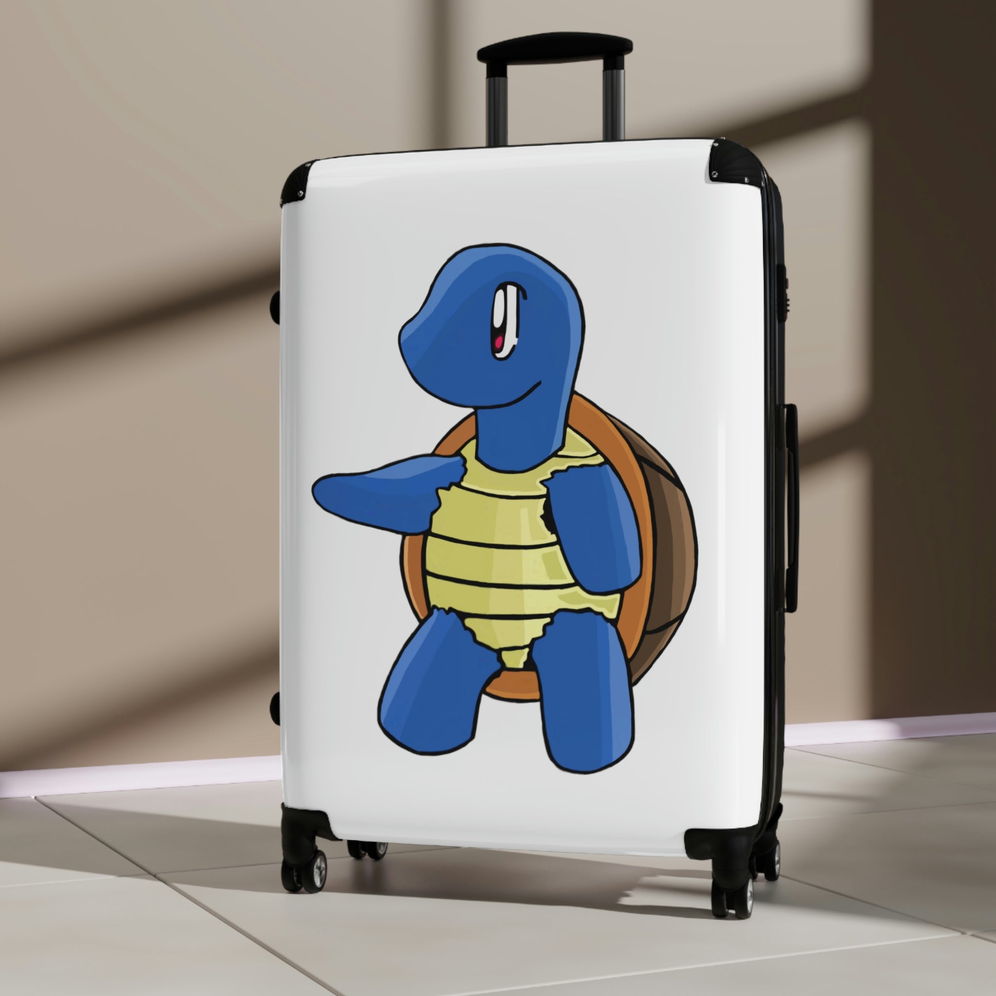 Squata Cabin Suitcase featuring a personalized design, lightweight polycarbonate front, and ABS back, with adjustable handle and 360° swivel wheels.