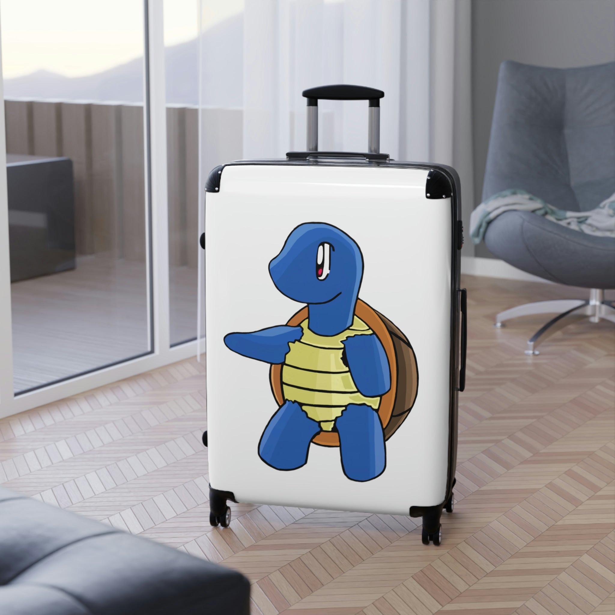 Squata Cabin Suitcase featuring a personalized design, lightweight polycarbonate front, and ABS back, with adjustable handle and 360° swivel wheels.