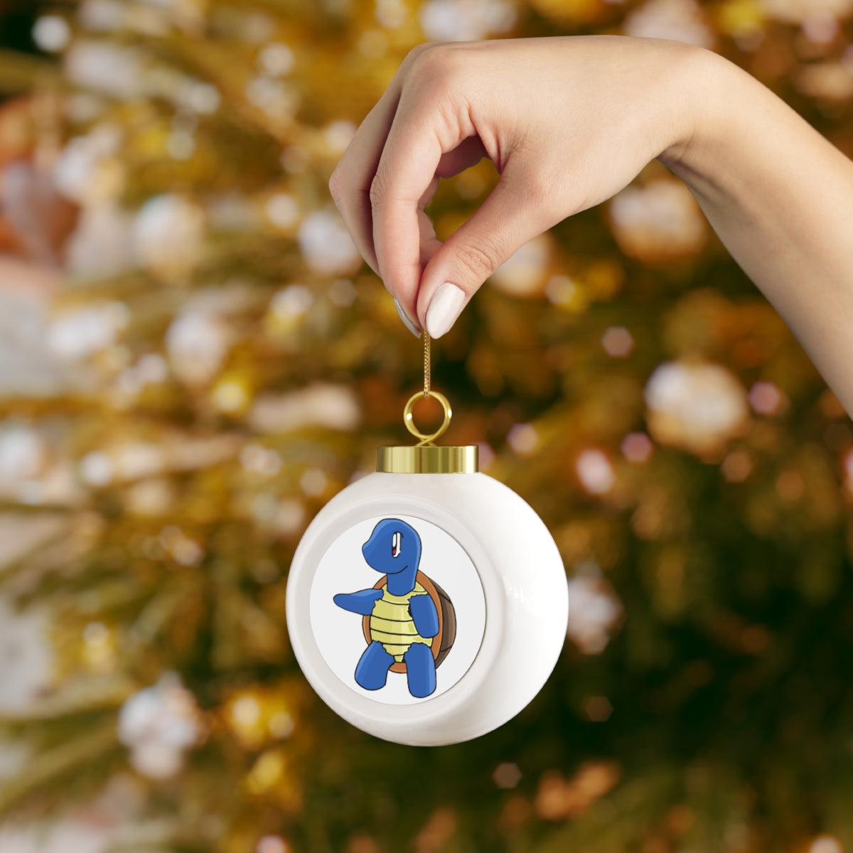 A 3-inch glossy Christmas ball ornament with a gold ribbon, featuring a vintage style and a customizable metal insert for personalization.