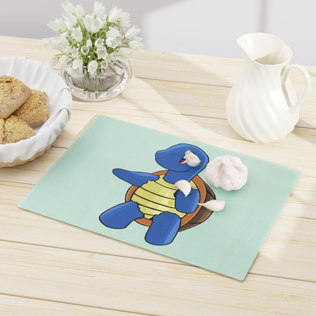 A stylish Squata Cutting Board made of tempered glass with rubber dots for stability, showcasing a personalized design.