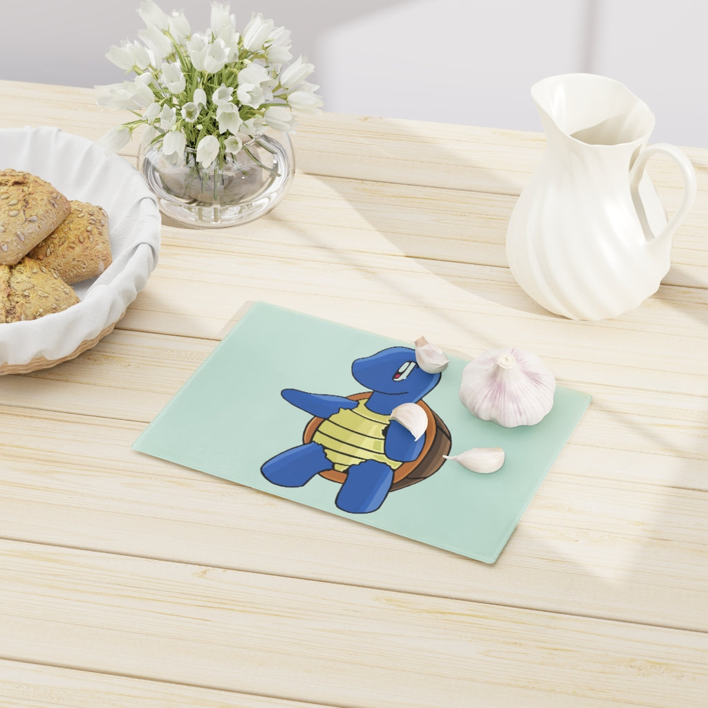 A stylish Squata Cutting Board made of tempered glass with rubber dots for stability, showcasing a personalized design.