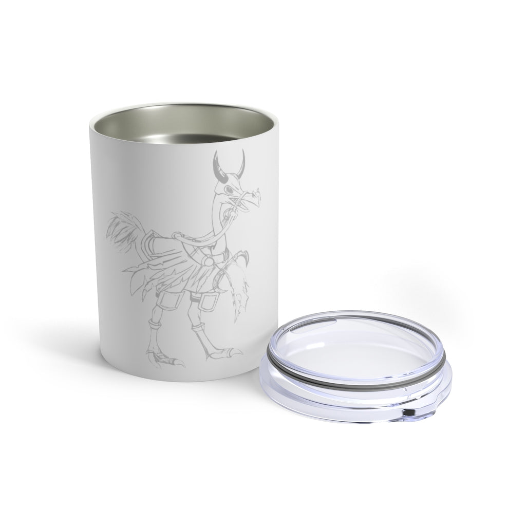 Squawker the Ostrich Mount Tumbler 10oz in stainless steel with a see-thru plastic lid, showcasing its sleek design and rounded corners.