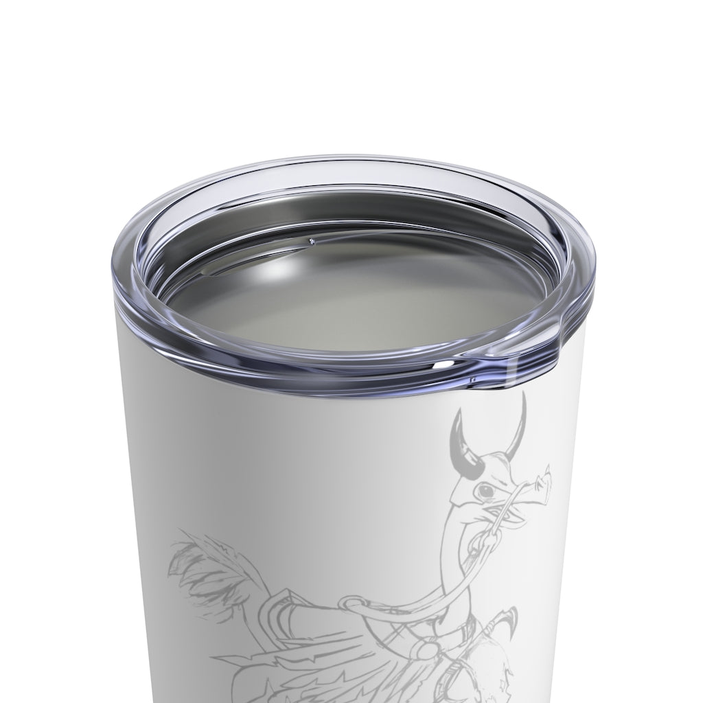 Squawker the Ostrich Mount Tumbler 10oz in stainless steel with a see-thru plastic lid, showcasing its sleek design and rounded corners.