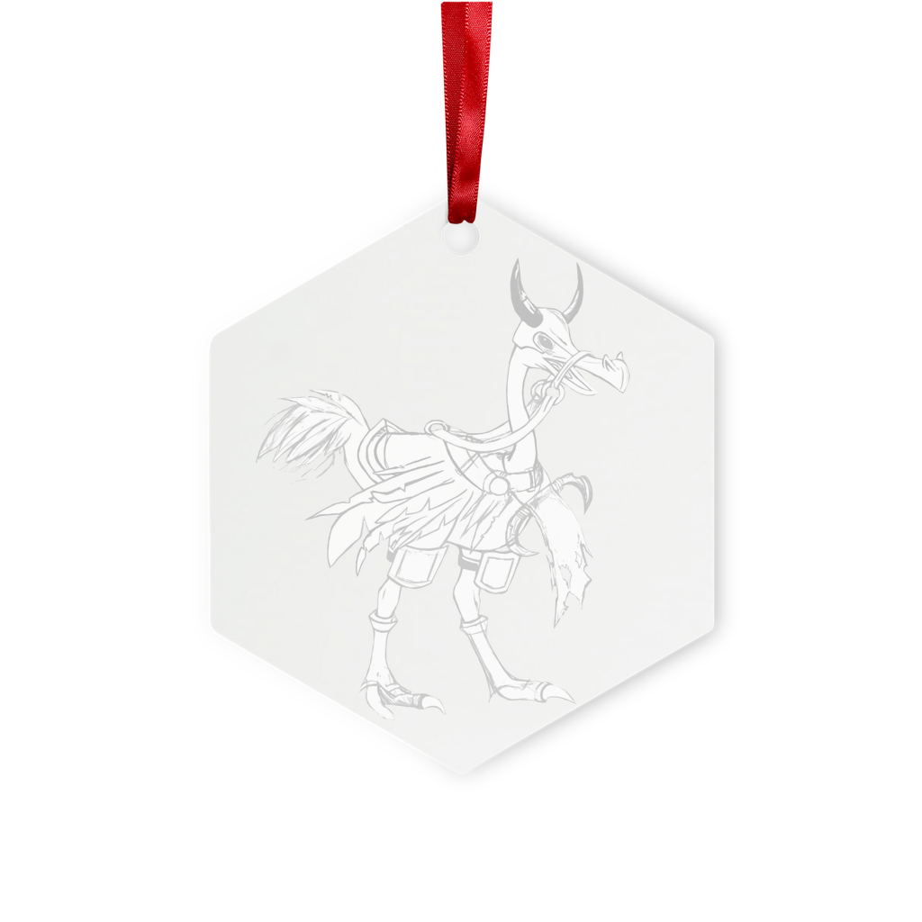 Squawkers Metal Hanging Ornament in hexagon and star shapes, featuring a gloss white finish and red ribbon for hanging.