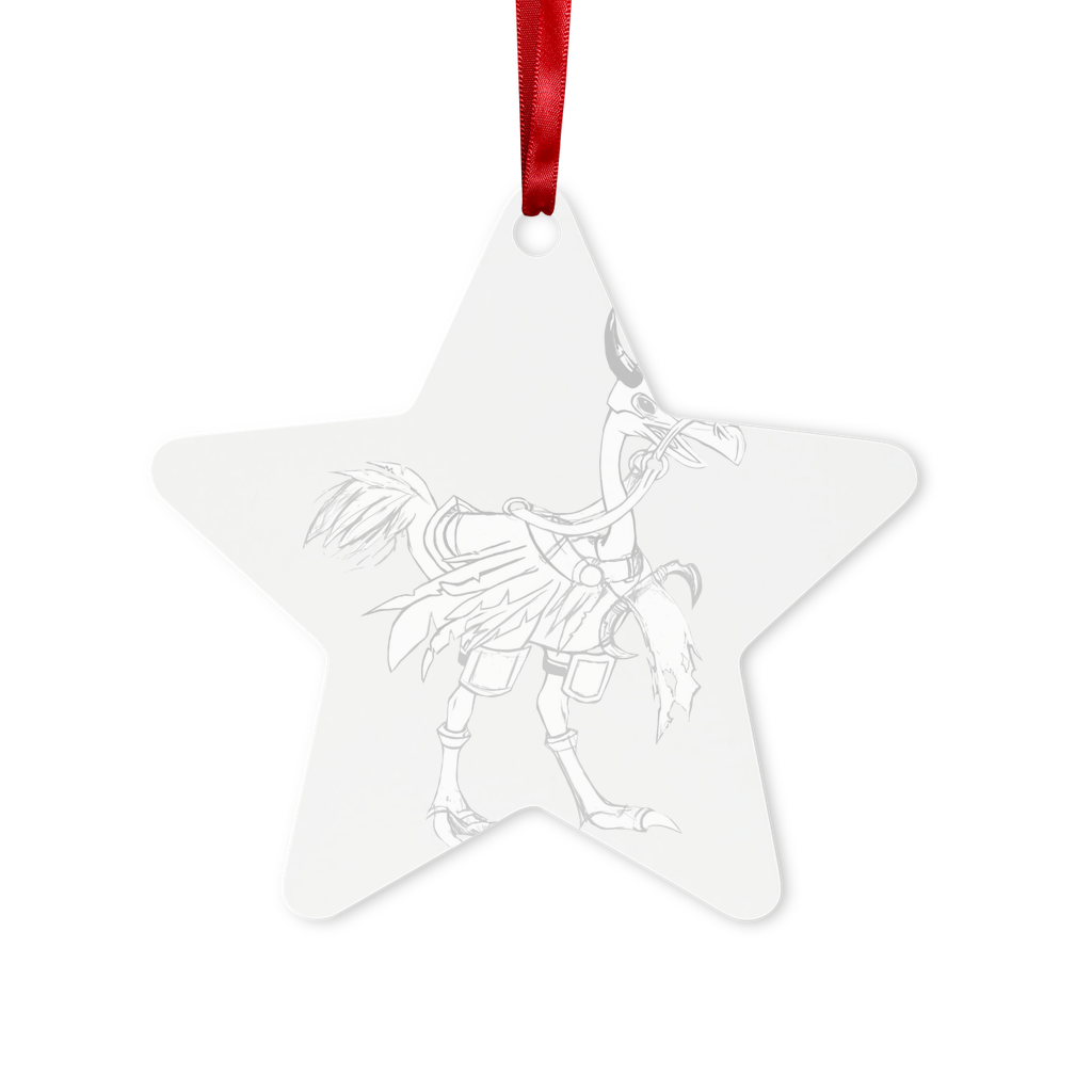 Squawkers Metal Hanging Ornament in hexagon and star shapes, featuring a gloss white finish and red ribbon for hanging.