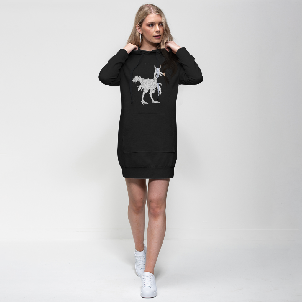 A stylish Squawkers Premium Adult Hoodie Dress featuring a hood, kangaroo pocket, and ribbed sleeves, perfect for casual wear.