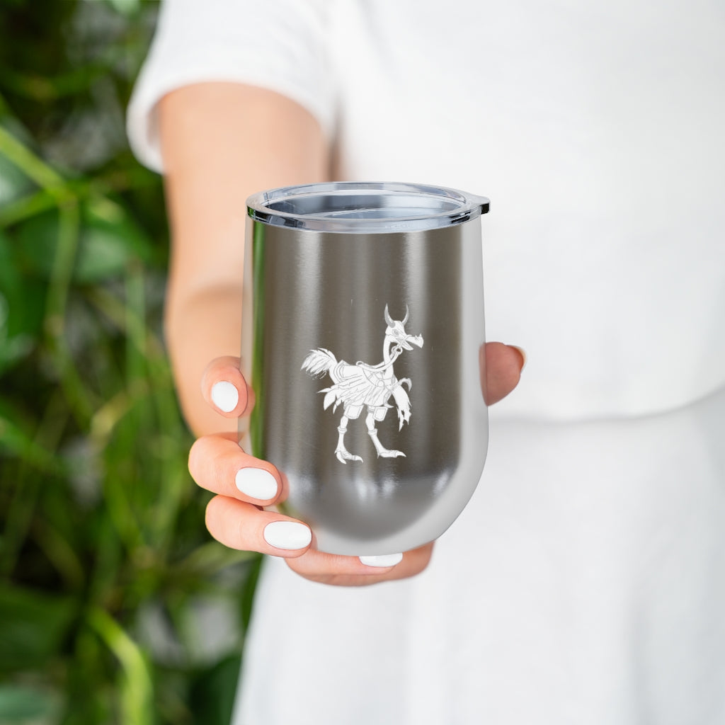 Squawkers the Ostrich 12oz insulated wine tumbler with a clear lid, showcasing a fun ostrich design.