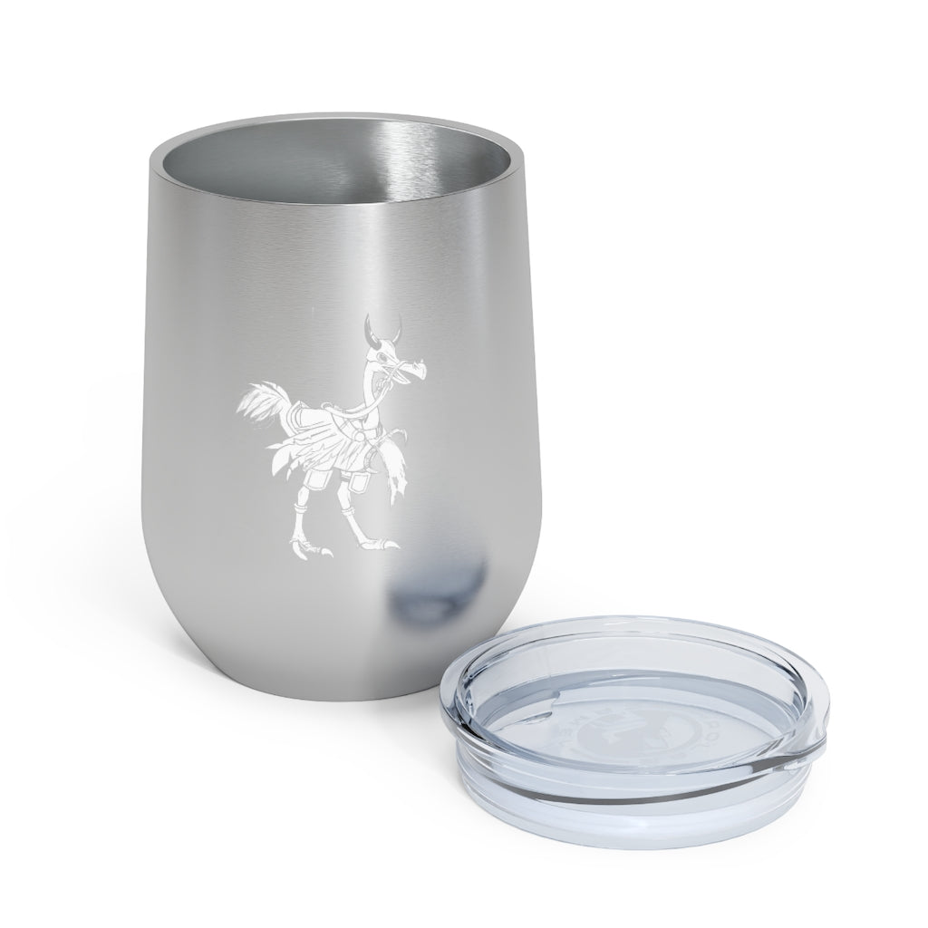 Squawkers the Ostrich 12oz insulated wine tumbler with a clear lid, showcasing a fun ostrich design.