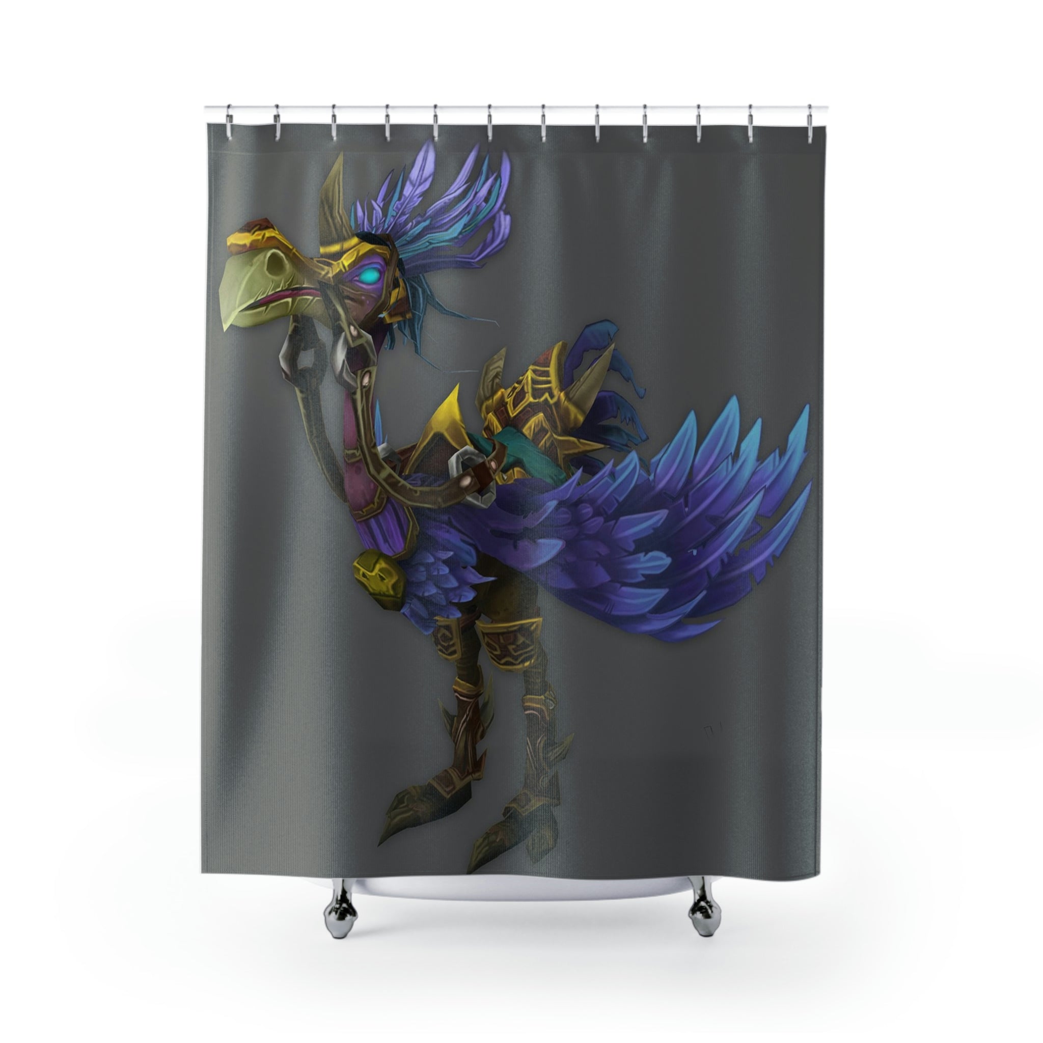 Squawkers the Ostrich Mount Shower Curtain featuring a vibrant ostrich design on durable polyester fabric.