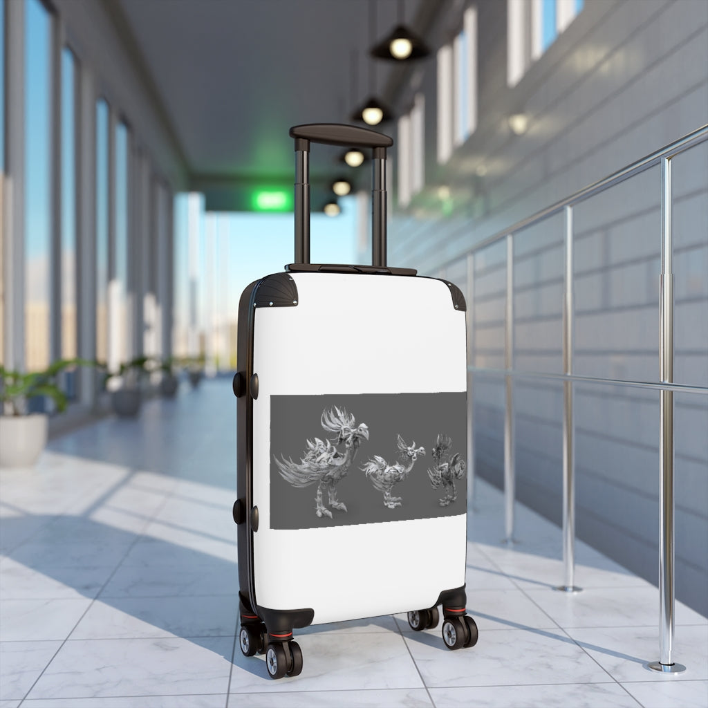 Squawkers the Ostrich Mount Cabin Suitcase featuring personalized faux leather design, adjustable handle, and 360° swivel wheels.