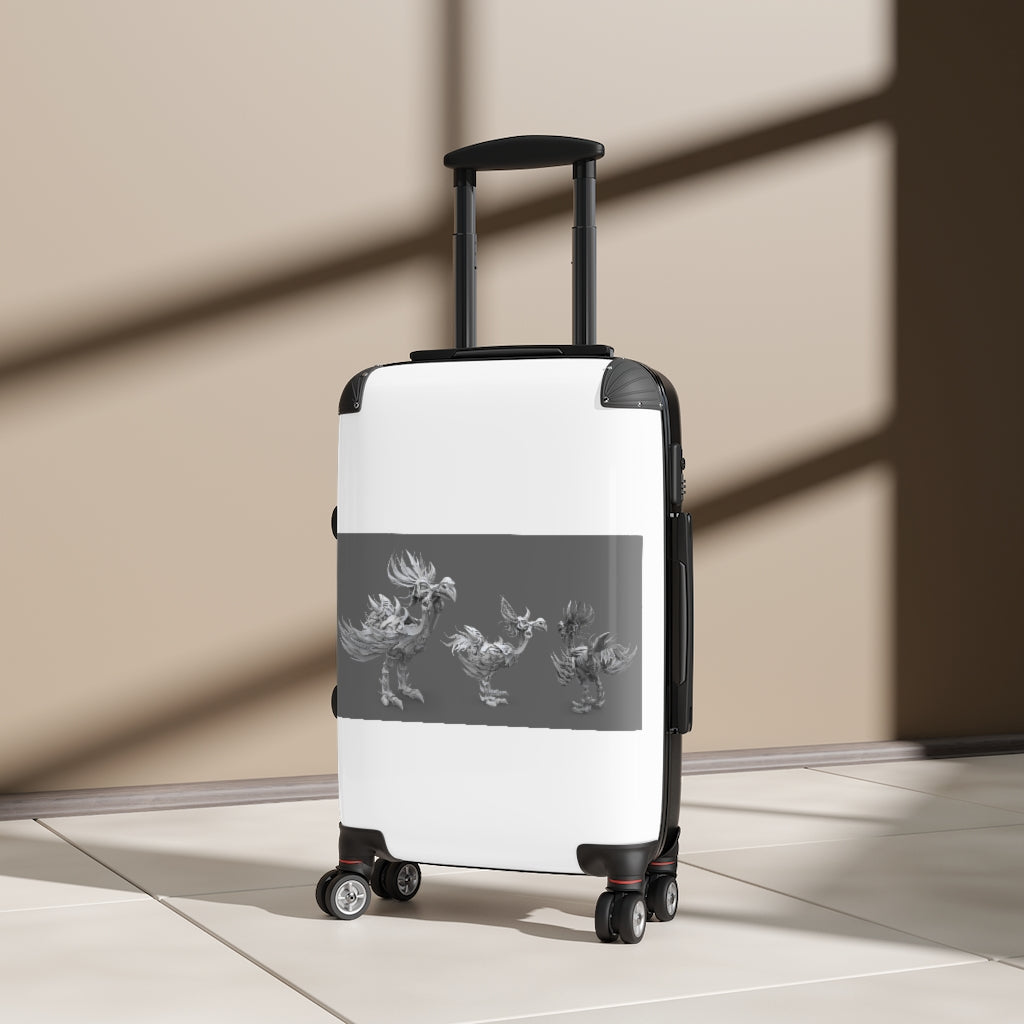 Squawkers the Ostrich Mount Cabin Suitcase featuring personalized faux leather design, adjustable handle, and 360° swivel wheels.