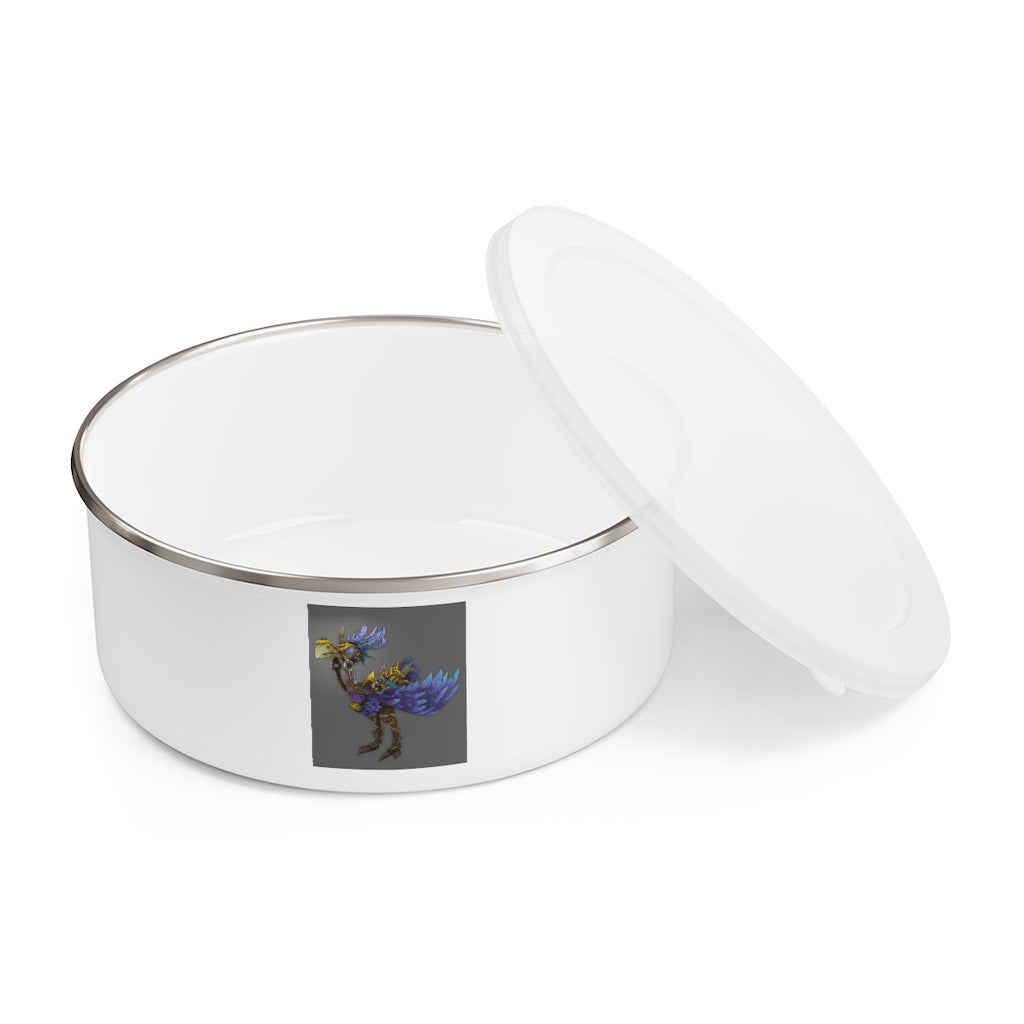 Stylish Squawkers the Ostrich Mount Enamel Bowl with a unique print, translucent lid, and anti-slip backing.