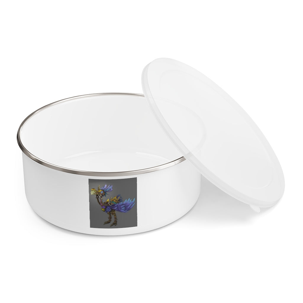 Stylish Squawkers the Ostrich Mount Enamel Bowl with a unique print, translucent lid, and anti-slip backing.