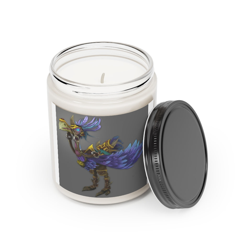 Squawkers the Ostrich Mount Scented Candle in a glass container, featuring a permanent adhesive label, showcasing its vegan soy coconut wax.