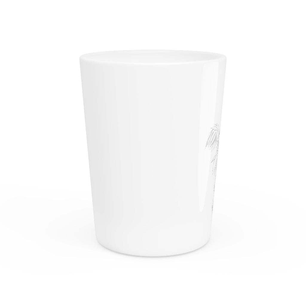 Ceramic shot glass featuring Squawkers the Ostrich design, available in white or black interior.