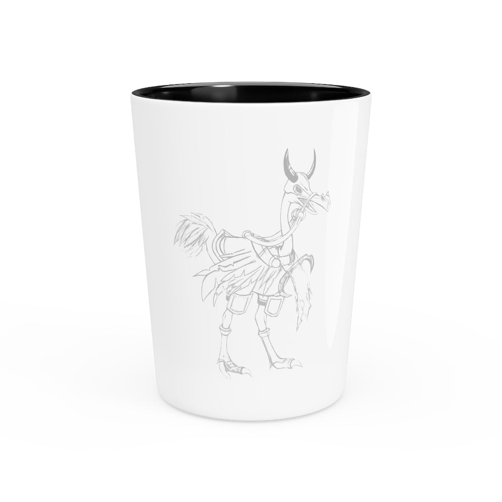 Ceramic shot glass featuring Squawkers the Ostrich design, available in white or black interior.