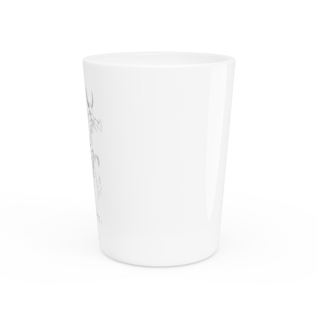 Ceramic shot glass featuring Squawkers the Ostrich design, available in white or black interior.