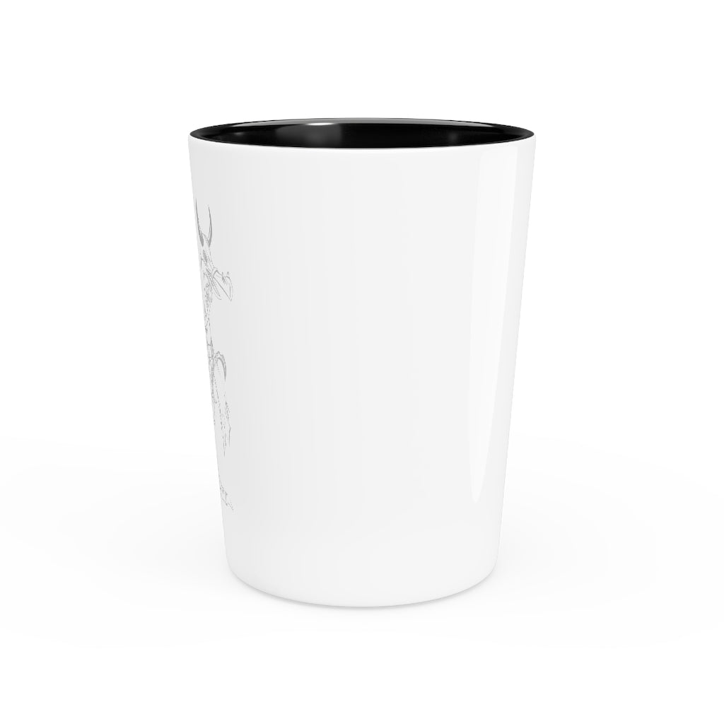 Ceramic shot glass featuring Squawkers the Ostrich design, available in white or black interior.