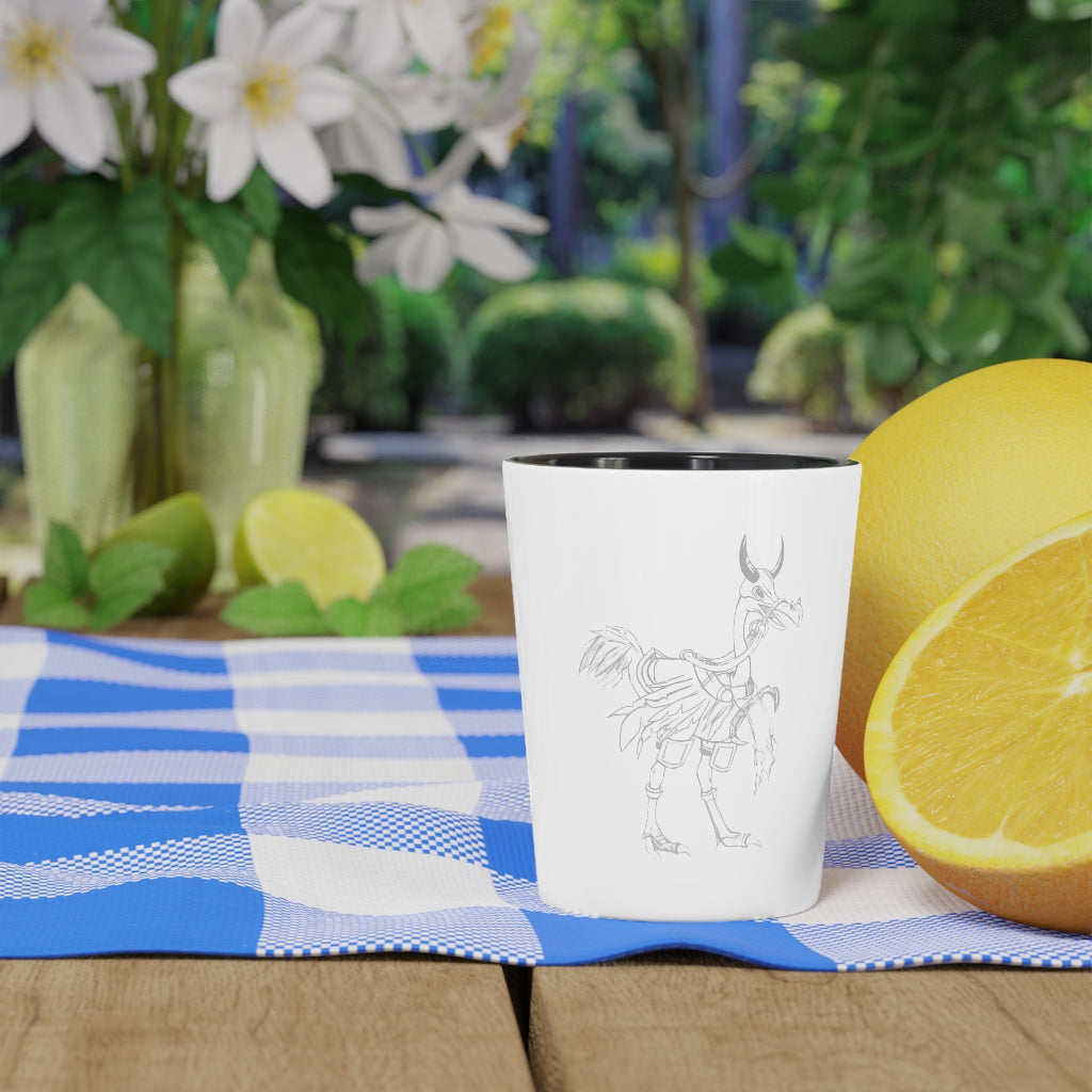 Ceramic shot glass featuring Squawkers the Ostrich design, available in white or black interior.