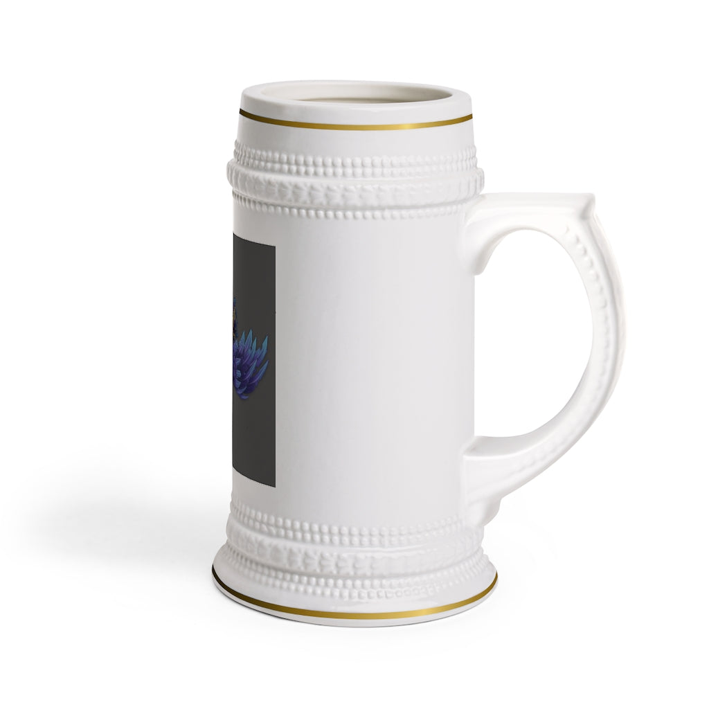 Squawkers the Ostrich Mount Stein Mug featuring a classic ribbed design in durable white ceramic, perfect for custom artwork.