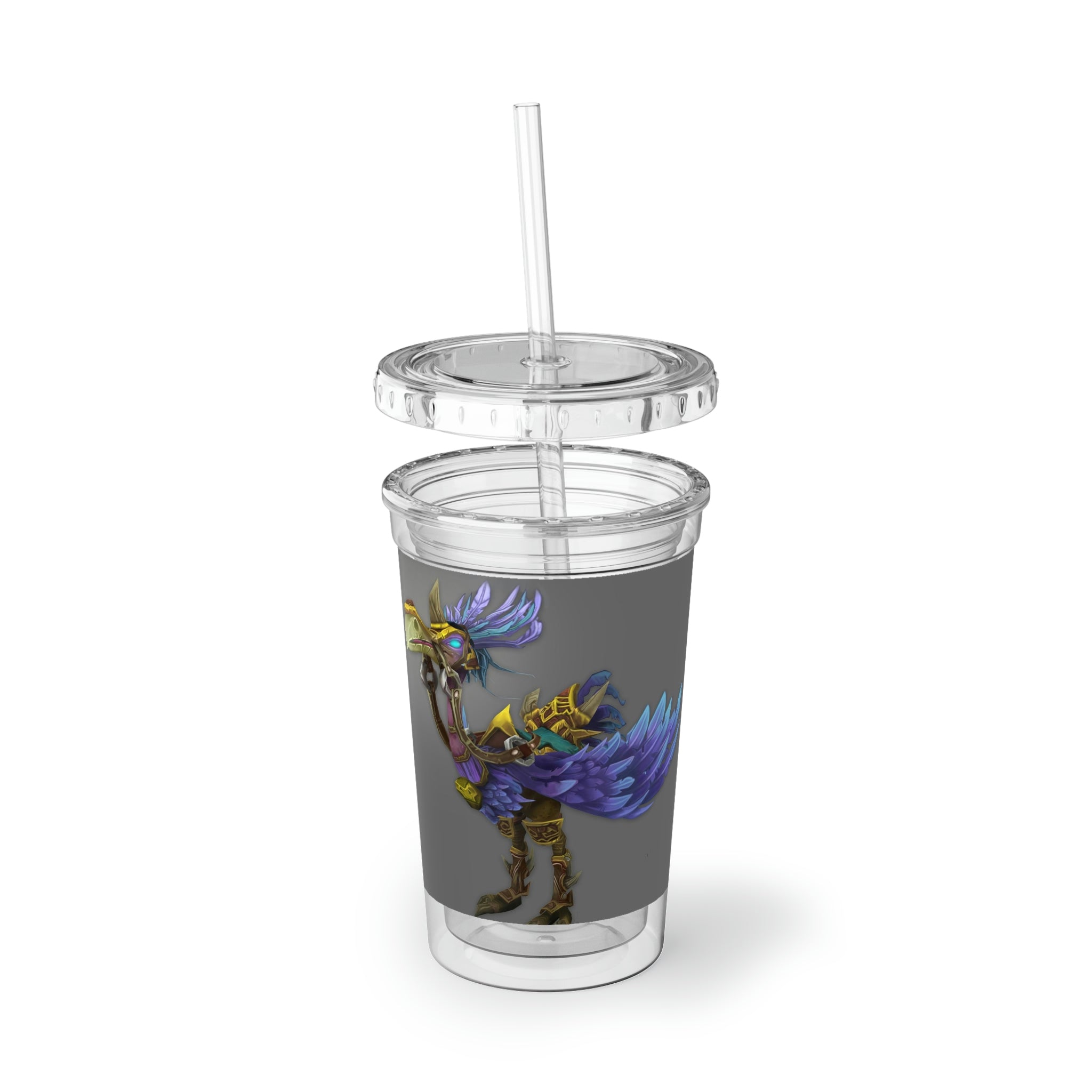 Squawkers the Ostrich Mount Suave Acrylic Cup with vibrant artwork, double-wall insulation, and a plastic lid and straw.