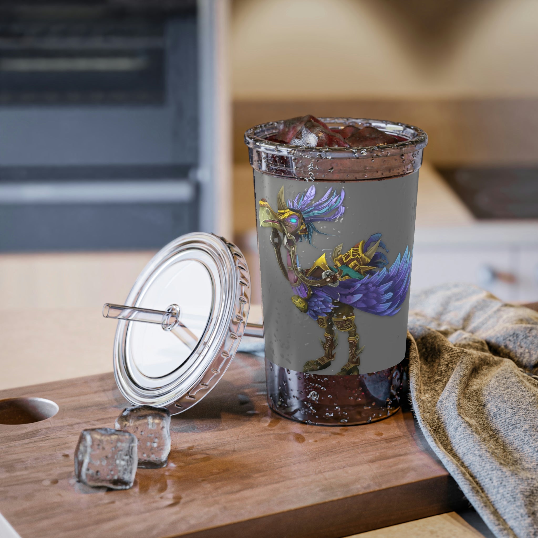 Squawkers the Ostrich Mount Suave Acrylic Cup with vibrant artwork, double-wall insulation, and a plastic lid and straw.