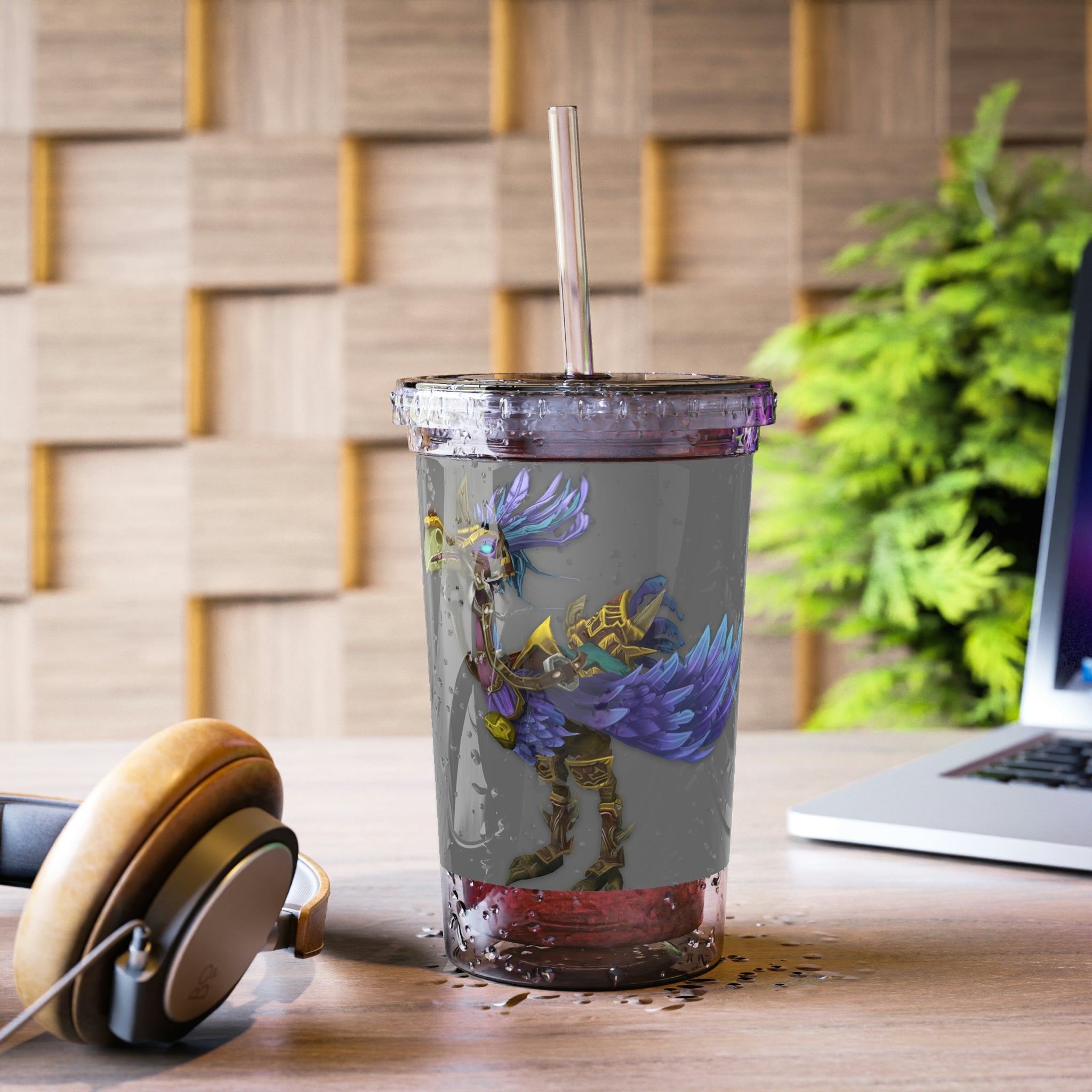 Squawkers the Ostrich Mount Suave Acrylic Cup with vibrant artwork, double-wall insulation, and a plastic lid and straw.